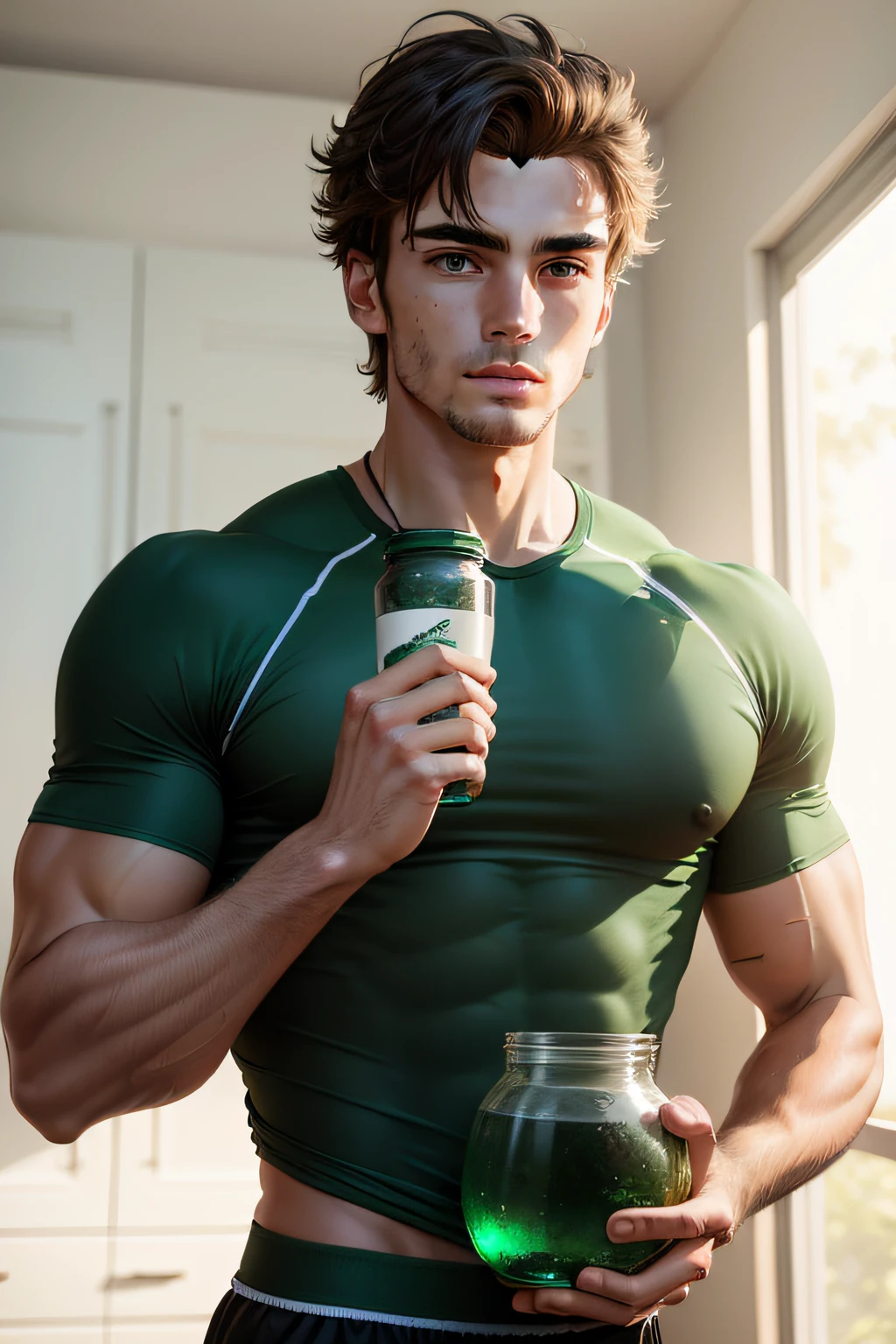 An athlete in an emerald T-shirt holds an emerald jar on a white background in his hand