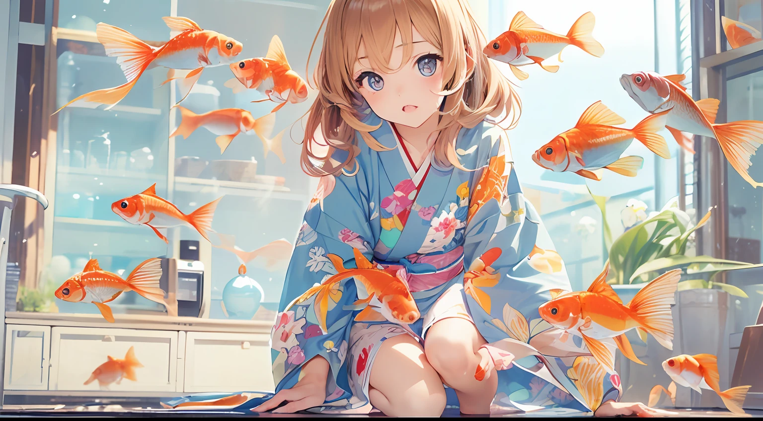 (masutepiece:1.2),(Best Quality:1.1),(Ultra-detailed:1.1),(Realistic:1.2),(Colorful:1.2),(Young girls:1.3),(Japanese:1.1),(Clothing samples:1.1),(Girls playing with goldfish scoop:1.3),(Colorful contact lenses:1.2),(FULL BODYSHOT:1.2),(Summer:1.1)