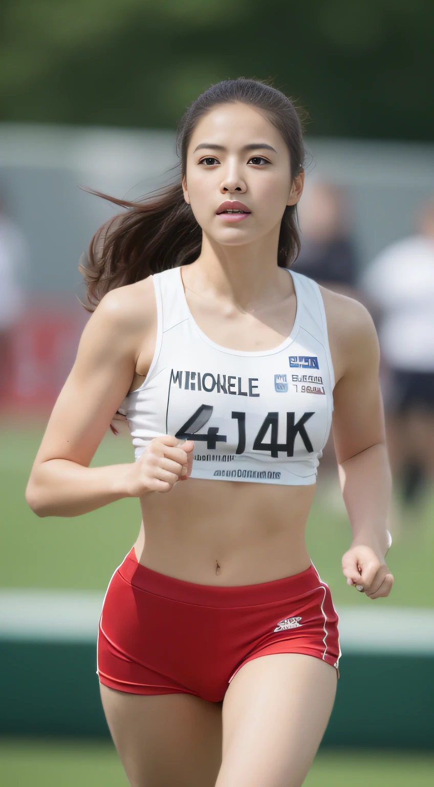 ((top-quality、4K、​masterpiece:1.3))、Beautiful Women in Perfect Figure:1.4、(abdominals、Developed hand muscles:1.2)、dark brown  hair、Red shorts that stick snugly to the body、wetbody、gym、Highly detailed facial and skin texture、A detailed eye、二重まぶた、Running, dynamicposes, Look at viewers, thighs thighs thighs thighs, Skindentation, The background is an athletics stadium、blur backgroun、