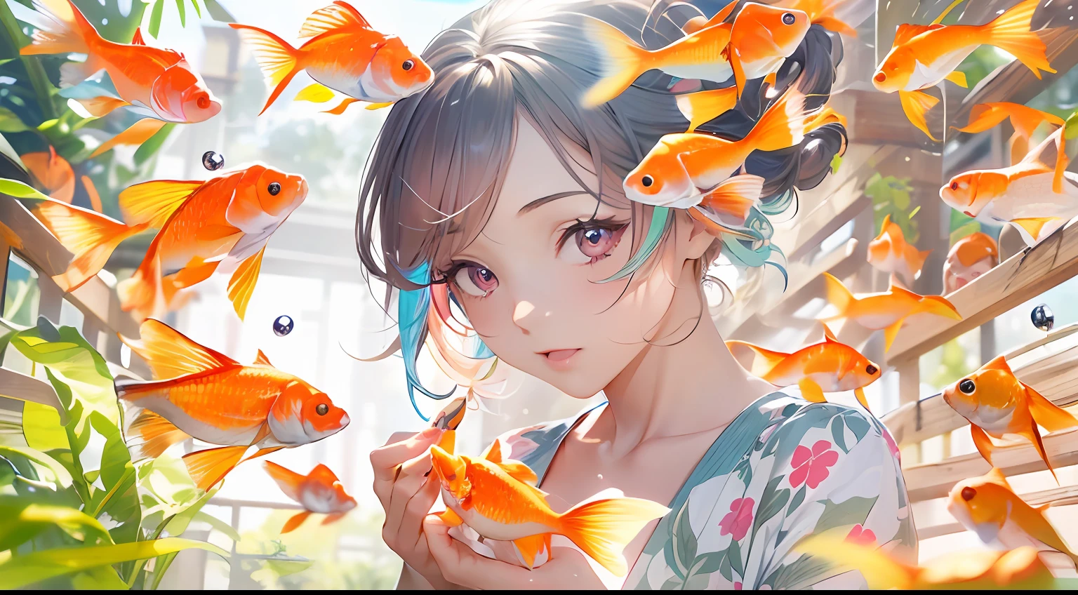 (masutepiece:1.2),(Best Quality:1.1),(Ultra-detailed:1.1),(Realistic:1.2),(Colorful:1.2),(Young girls:1.3),(Japanese:1.1),(Clothing samples:1.1),(Girls playing with goldfish scoop:1.3),(Colorful contact lenses:1.2),(FULL BODYSHOT:1.2),(Summer:1.1)