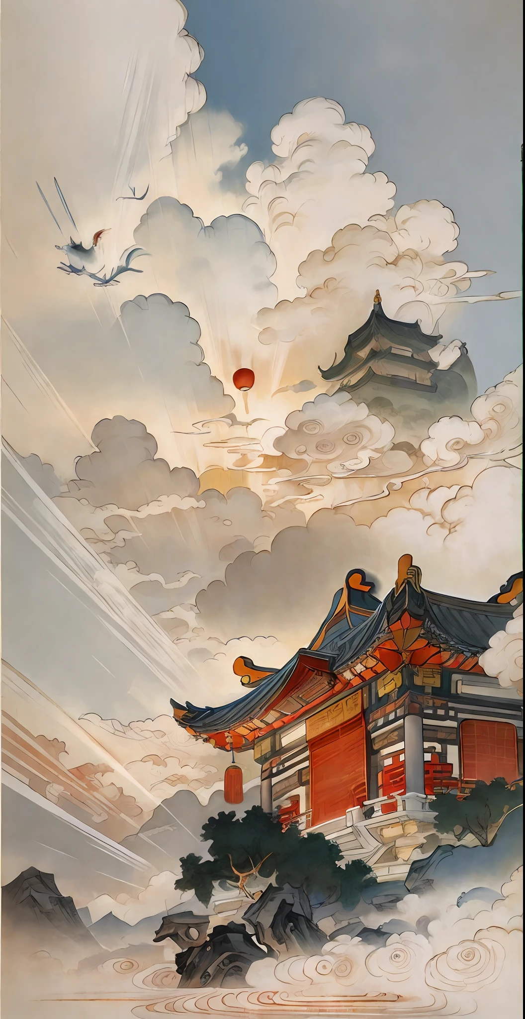 A long-term and broad perspective,Composition up and down,Sky scenery in ancient China,Ancient buildings in the sky,Below is a thick layer of clouds,Glow,Pavilions,Carved beams and paintings,enchanting scenery,Inspired by Jin Yong martial arts,rays of sunshine,Ink painting style,clean color,Decisive cut,Leave white space,impressionistic,tmasterpiece,ultra-detailliert,Epic composition, high qulity, HighestQuali,pixar-style,Supersaturation,hyper realisitc,Art germ --v 6
