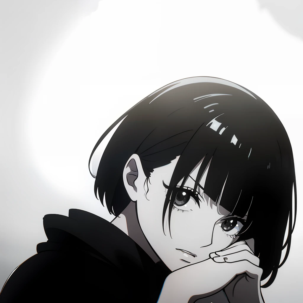 Bored expression, messy fringe, tomboyish, black and white portrait, side view, hands on face, negative space, minimalist aesthetic