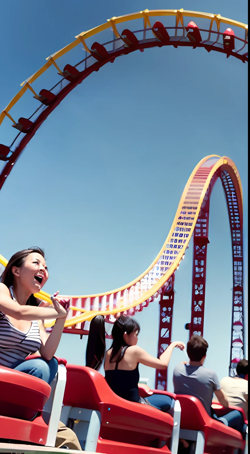 A dozen friends play roller coaster at a large amusement park