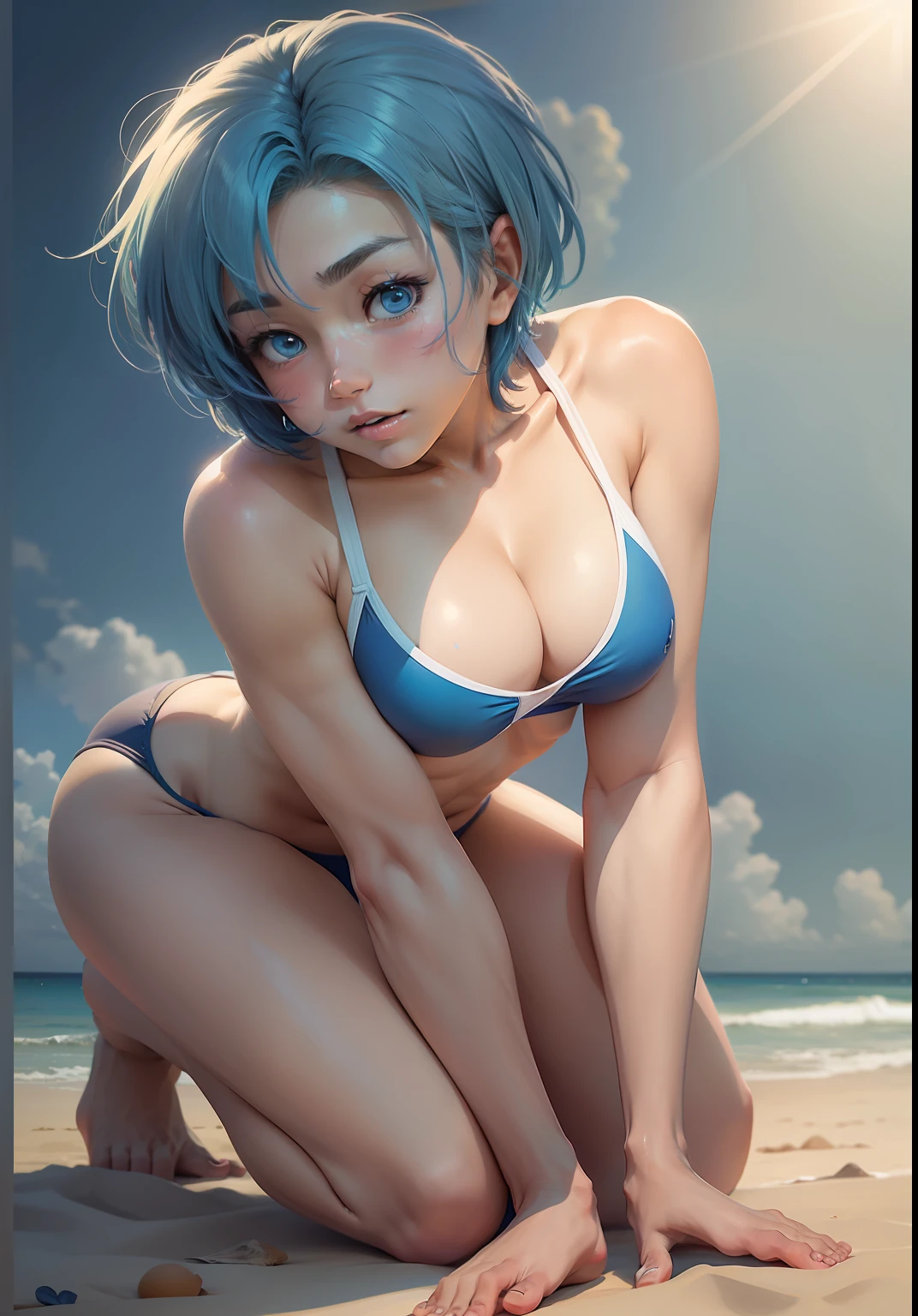 Anime boy in blue bikini sitting on the beach with legs crossed, in beach, in beach, Men with short blue hair, in beach, realistic bikini, in beach, on a sunny beach, Blue Bikini, wearing a swimming wear, Swimsuit, beaching, Seductive Anime Boy, On the beach,