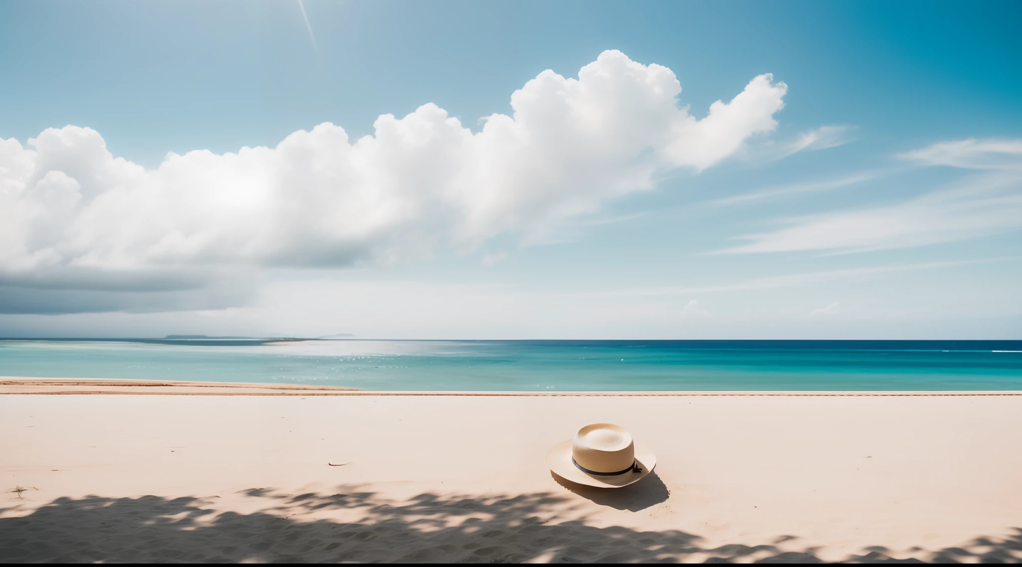 A view of standing on the beach's edge and staring at the horizon, A white straw hat blown away by the wind, cloudless blue sky, Bali, clear sea water, white sand beach, detail, realistic, ultra realistic, 8k, 4k, DSLR, soft lighting, high quality, film grain, Fujifilm XT3, (Masterpiece) ,la:add_detail:1