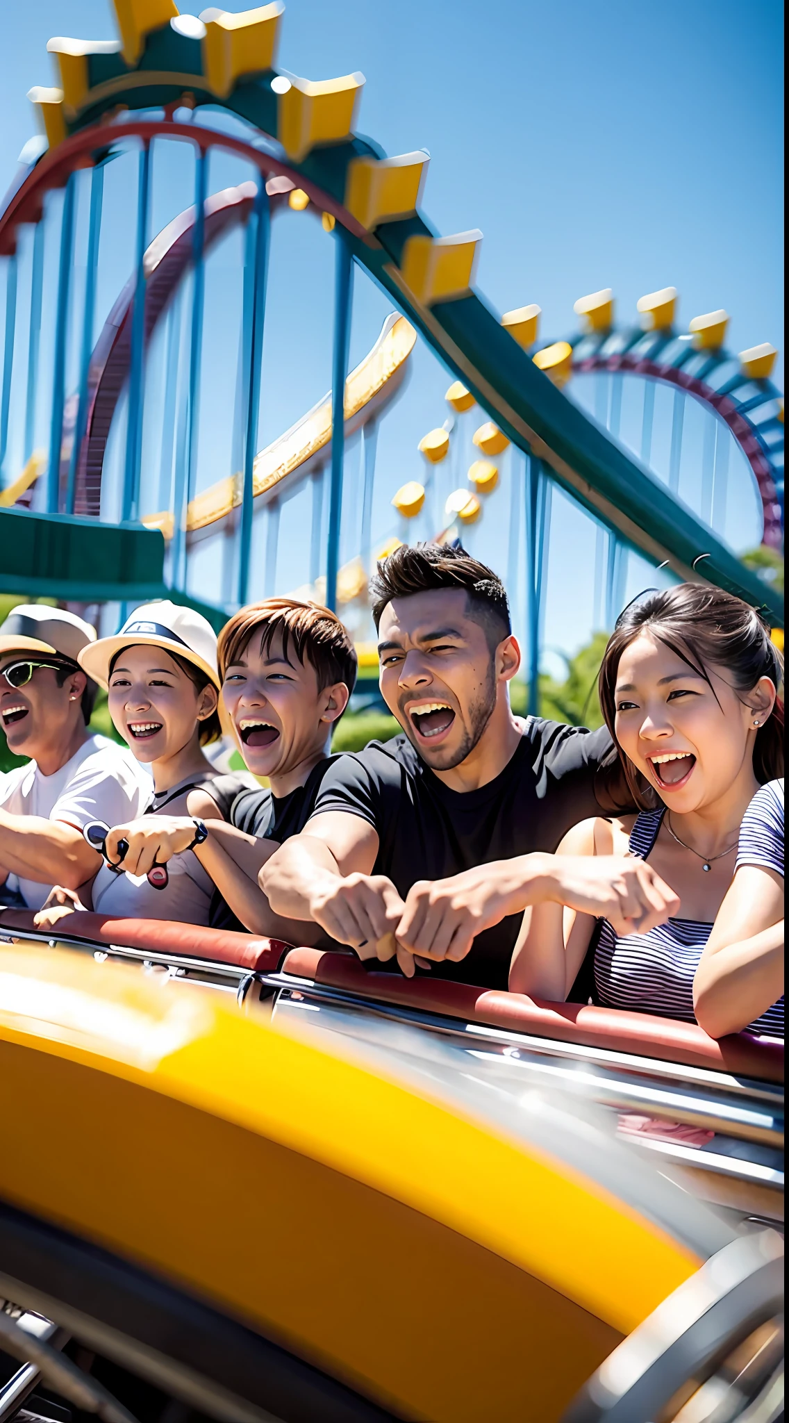 A dozen friends play roller coaster at a large amusement park