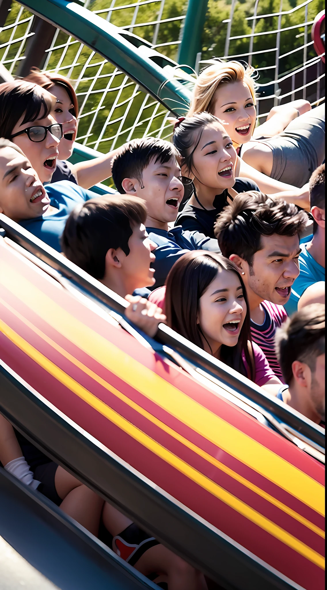 A dozen friends play roller coaster at a large amusement park