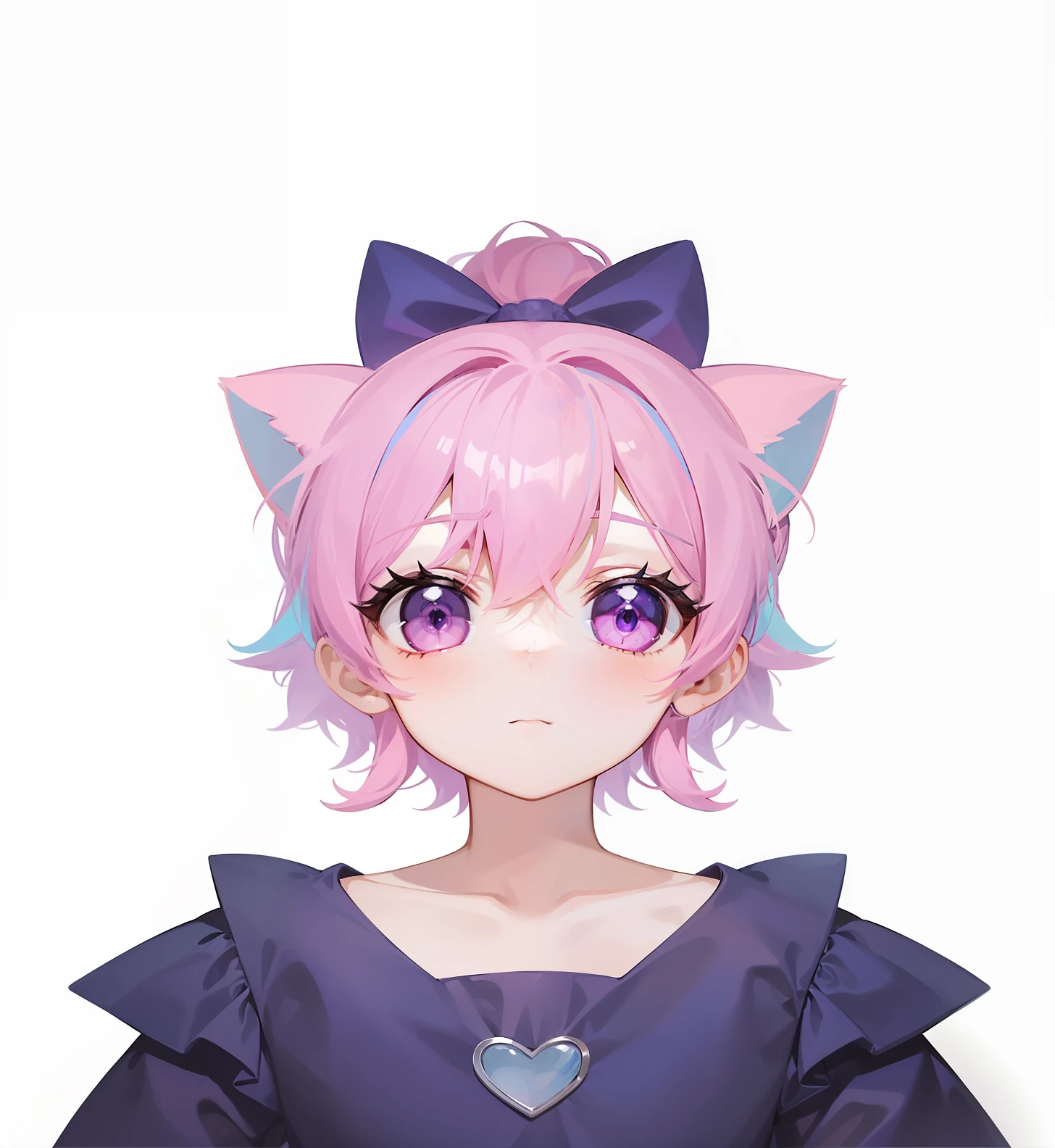 Girl with pink hair,Purple eye,Pink hair dyed blue,adolable,cat ear,Highest image quality,High ponytail,Princess dress,Puff sleeves,White skin of the,Delicate hair,Exquisite clothing,Cute little kid,Small chest,Western style in the background