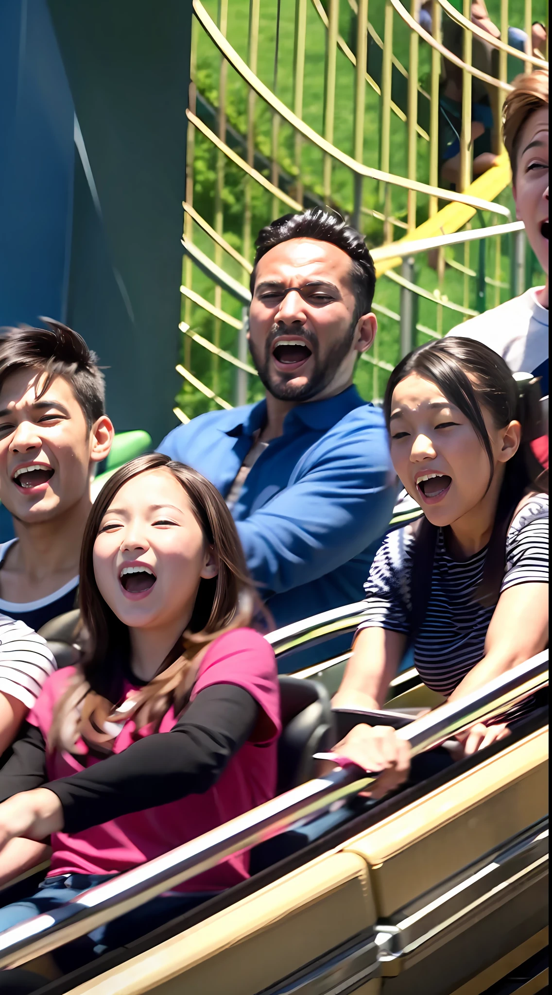 A dozen friends play roller coaster at a large amusement park