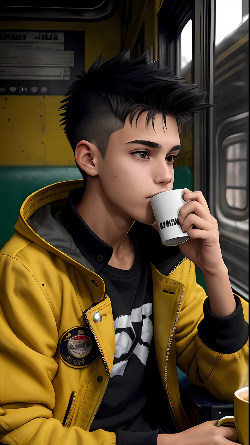 Teenager with spiky hair, wearing a yellow jacket with a large collar and a black shirt underneath, sipping coffee in a post-apocalyptic world, inside a train.