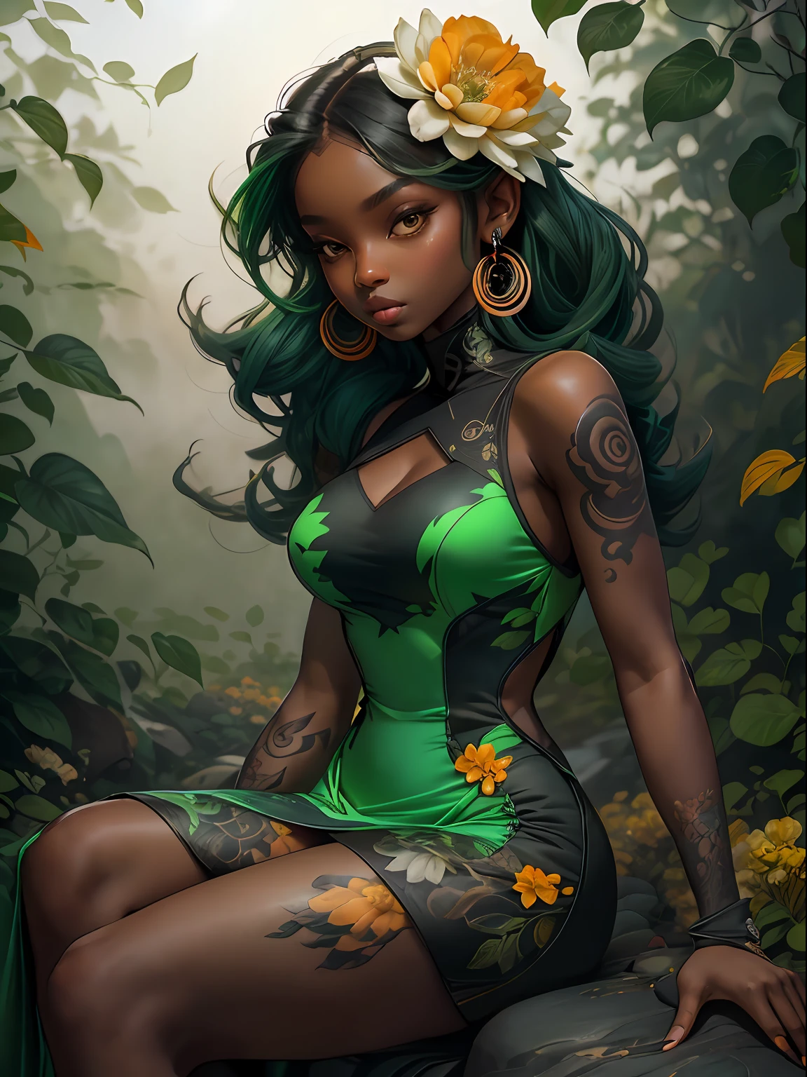 Green: 1.5, Orange: 1.1, White: 1.3, Yellow: 1.3, (Dark-skinned woman), is sitting on a rock,Sexy, Tattoos, (power puffer clothes: 1.2), ,Prom Dresses,Flowers, Leaves, Mist, Lines, background circles