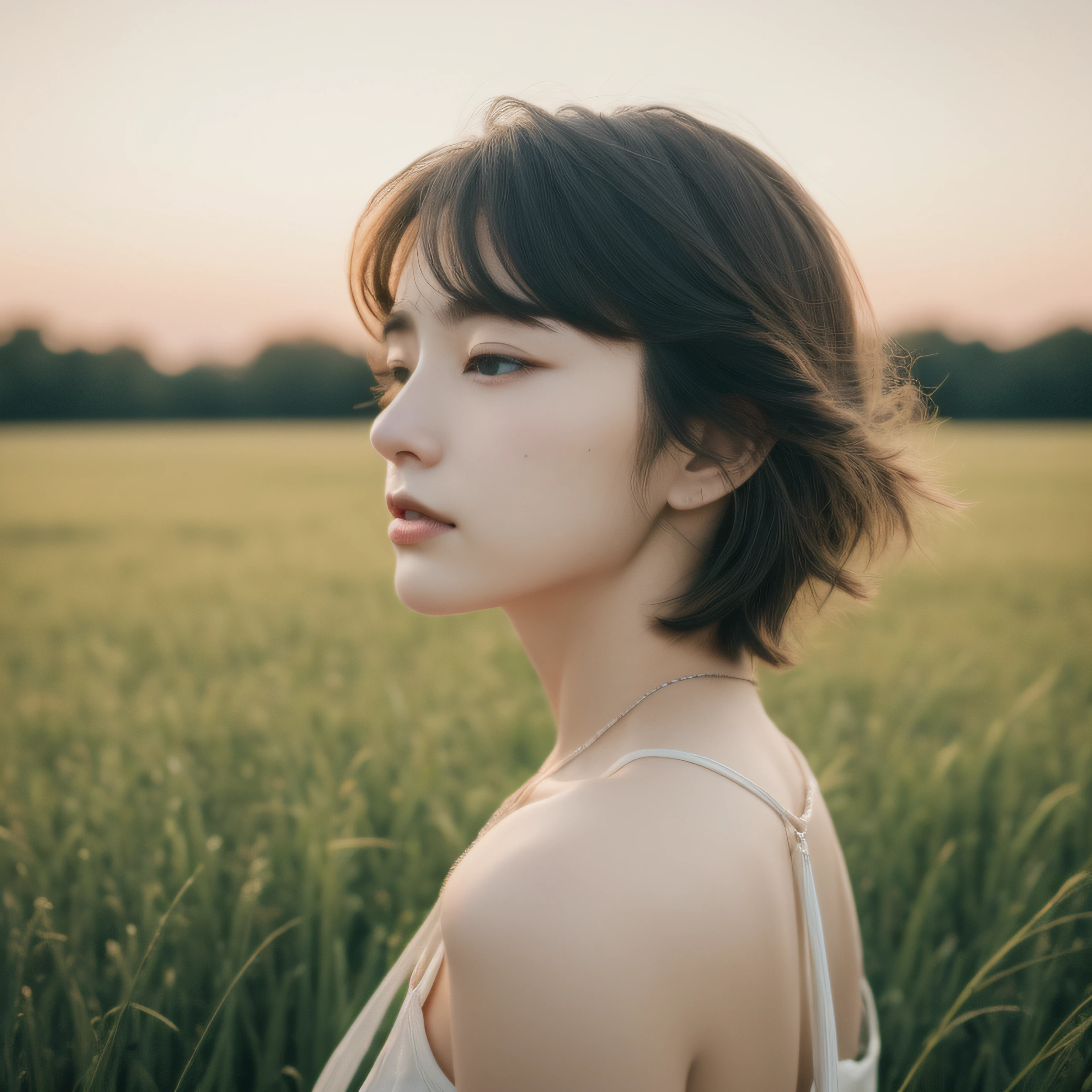 top-quality、​masterpiece、超A high resolution、(Photorealsitic:1.30)、Raw foto、Beautiful woman surrounded by grass、Bokeh background、Back lighting、evening、off shoulders、murky、deep-shadows、cold light、emotive、Ash color shorthair、closing eye、Hair that flutters in the wind、The upper part of the body、shinny detailed skin、