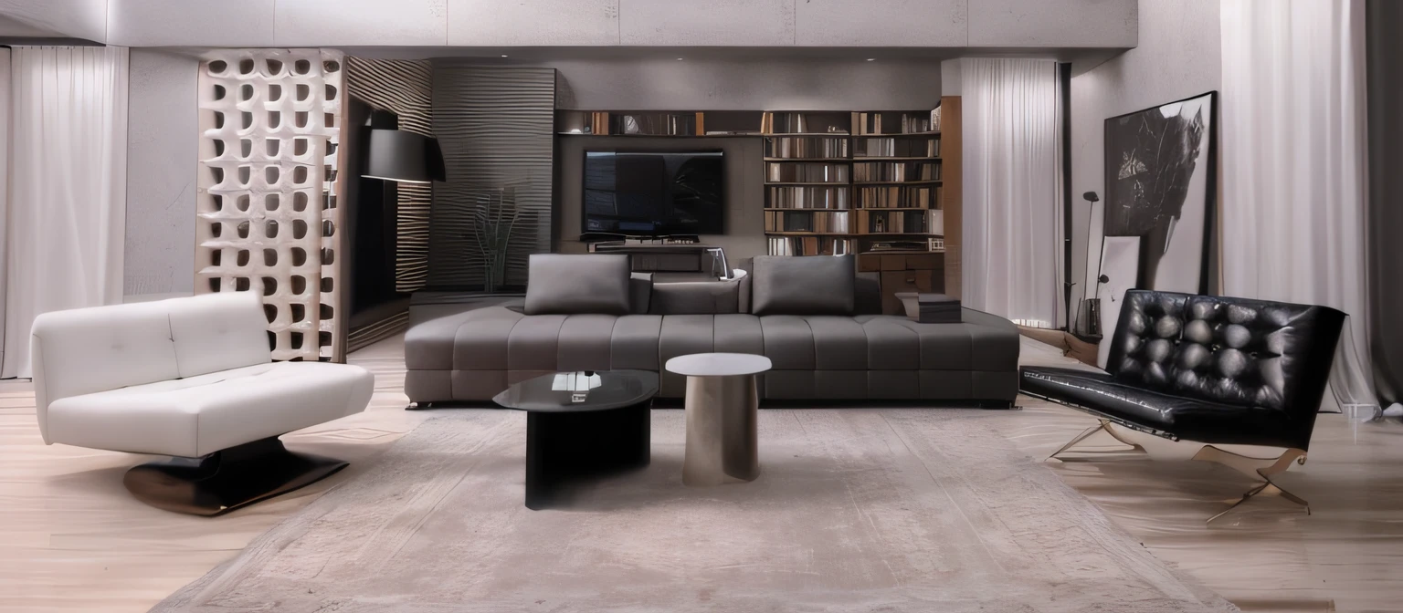 arafed living room with a couch, chair, Coffee table and bookshelf, luxurious furniture, large couch, Living room, lounging on expensive sofa, furniture concept photo!!, Have in the living room, Modern living room, luxury hd render, dark and modern, sofe, 8k vray render, lounge room, A leather sofa, relaxing on a modern couch