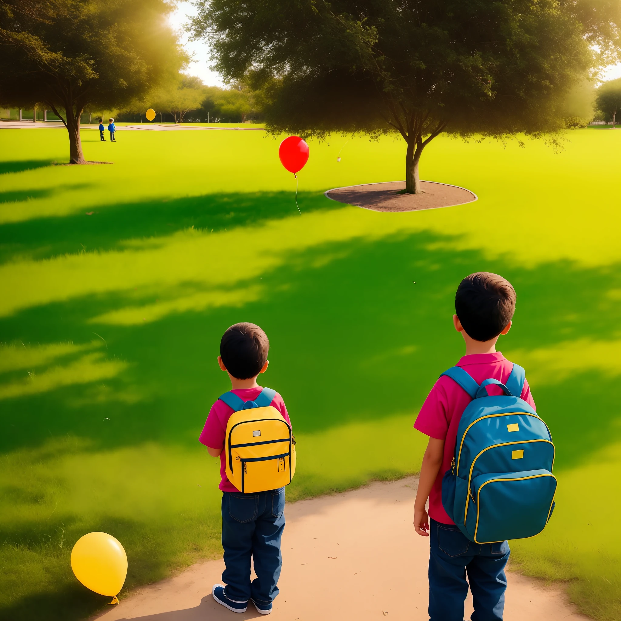 A little boy stands under a tree with a yellow school bag on his back,Red balloon in hand