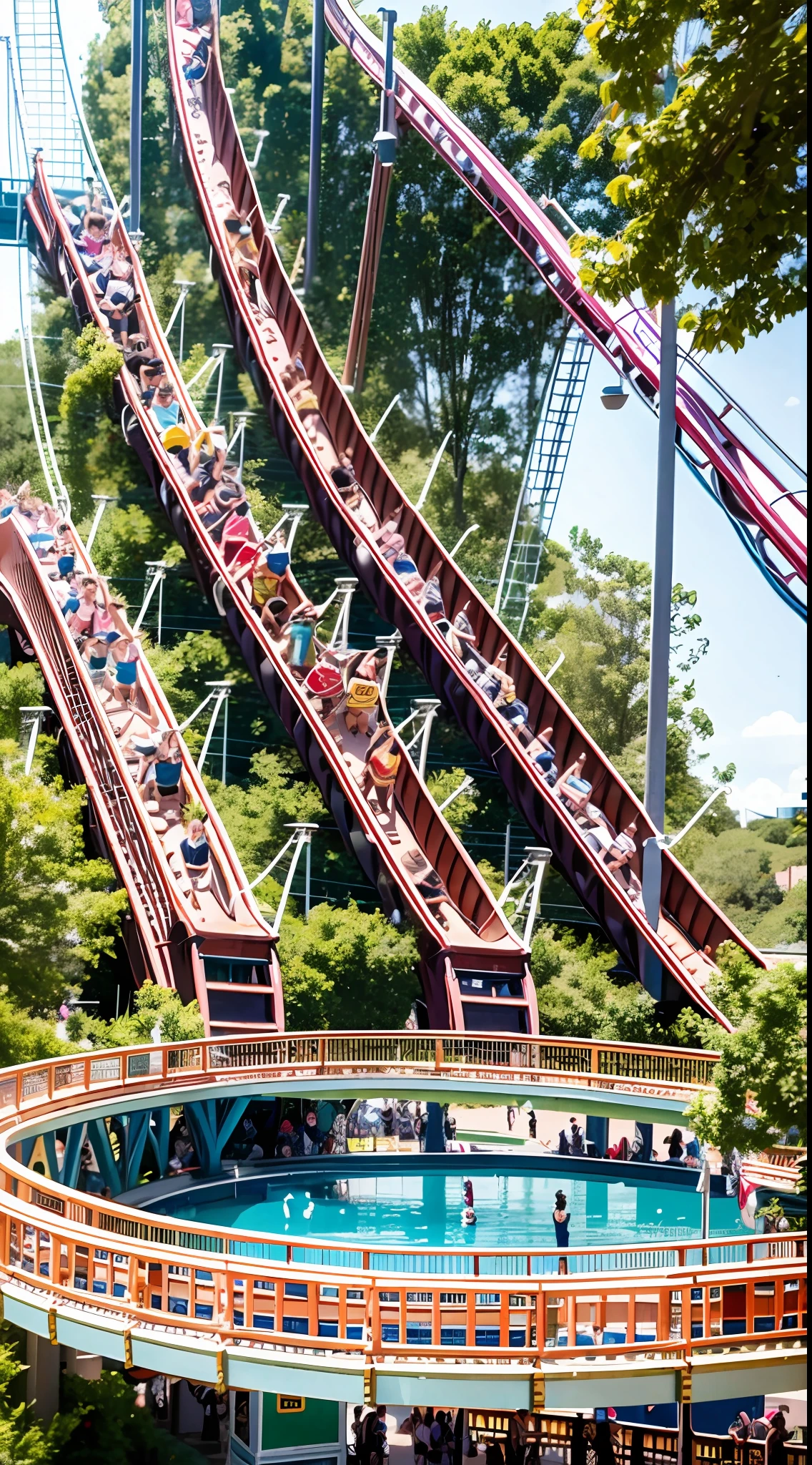A dozen friends play roller coaster at a large amusement park