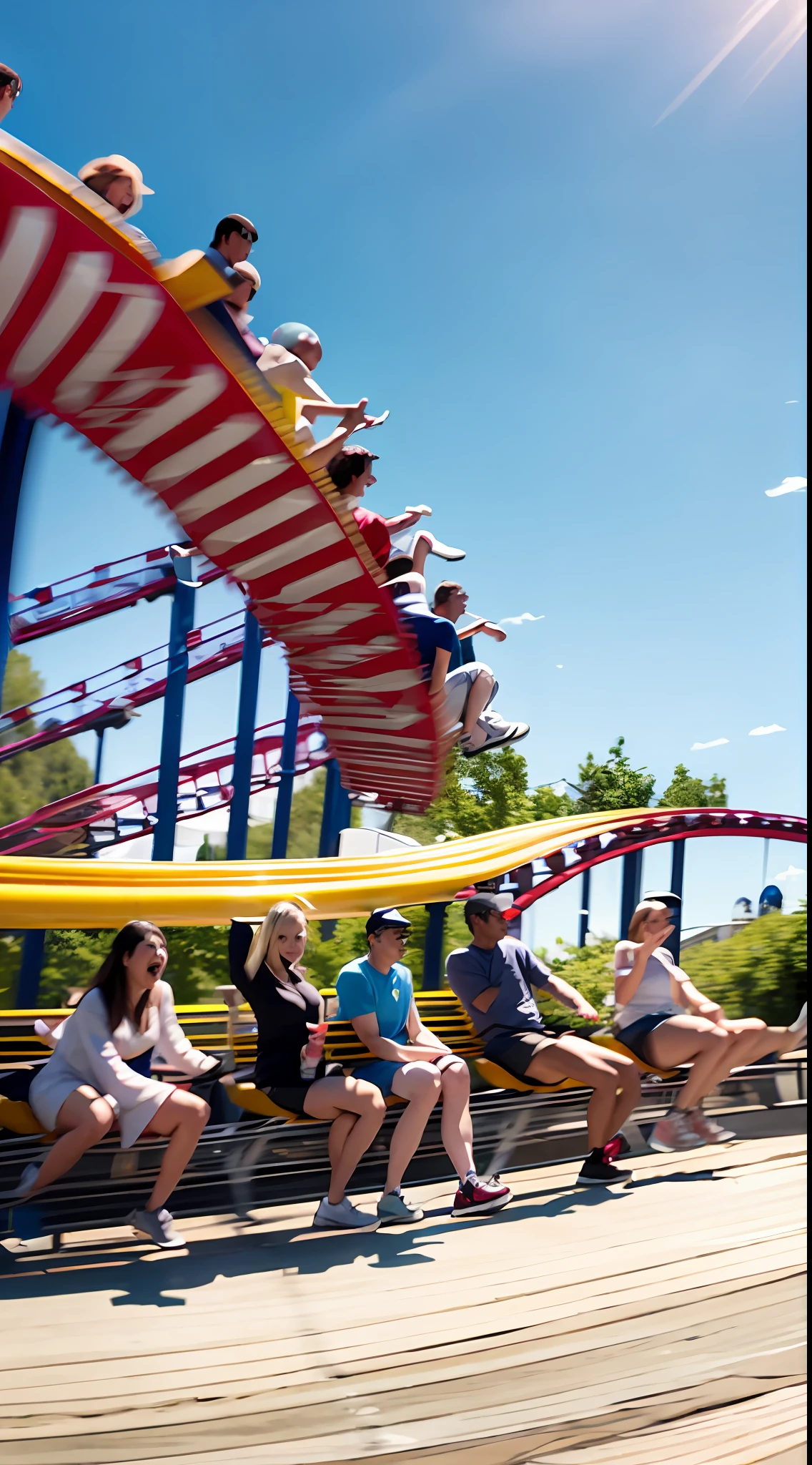 A dozen friends play roller coaster at a large amusement park