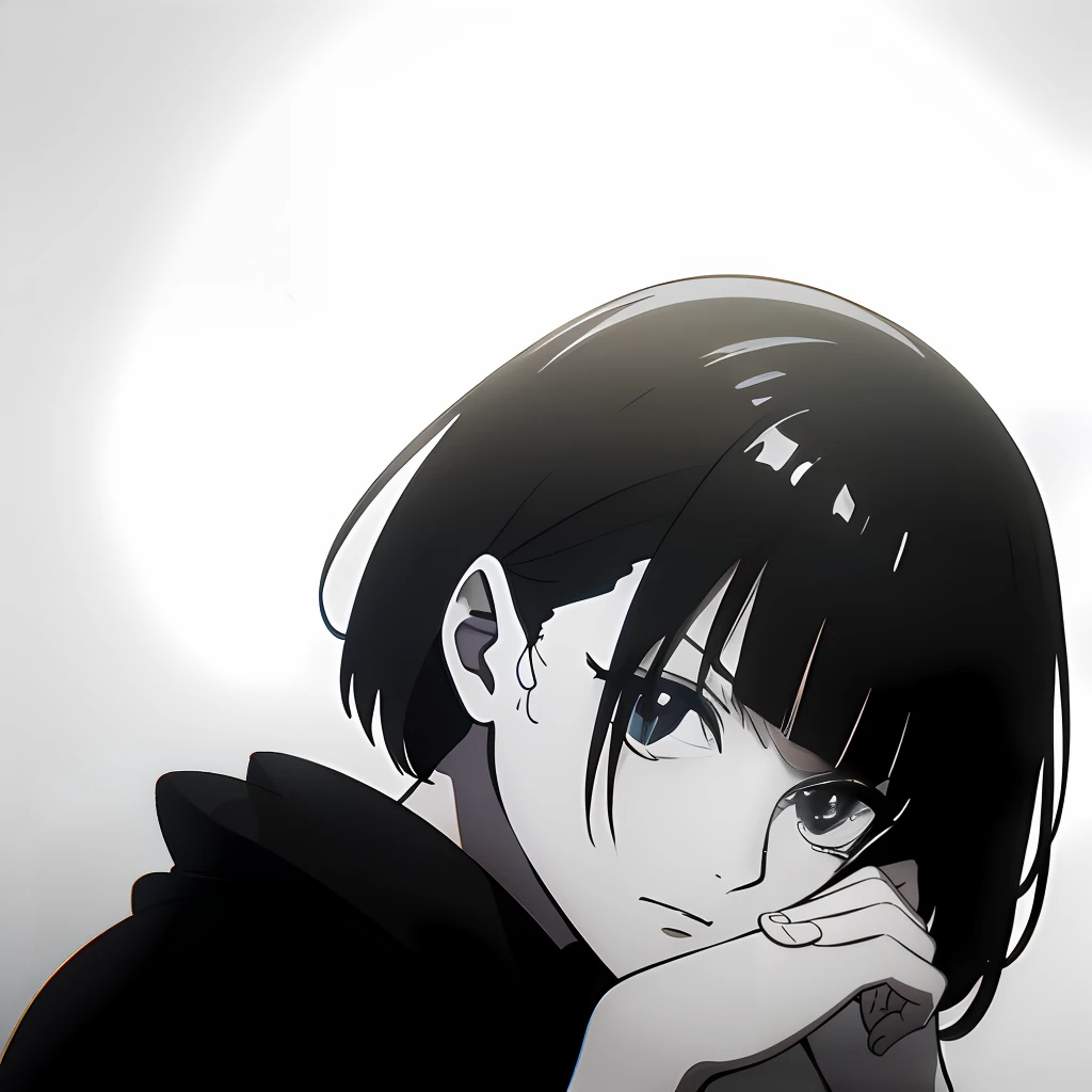 Bored expression, messy fringe, tomboyish, black and white portrait, side view, hands on face, negative space, minimalist aesthetic