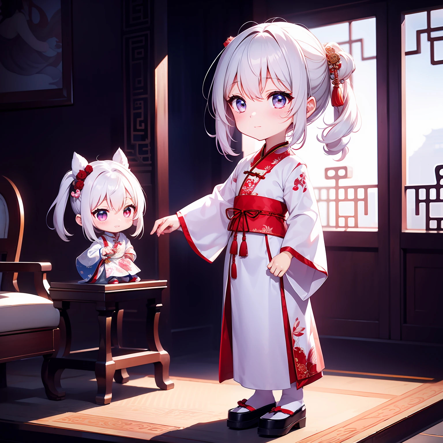 tmasterpiece、Need、China-style、1 woman、tchibi,Cloth shoes,white backgrounid,standing on your feet,Side Body,on back,Ancient Chinese clothing,校服,Various colors,Embroidery pattern clear,Q version of cartoon,