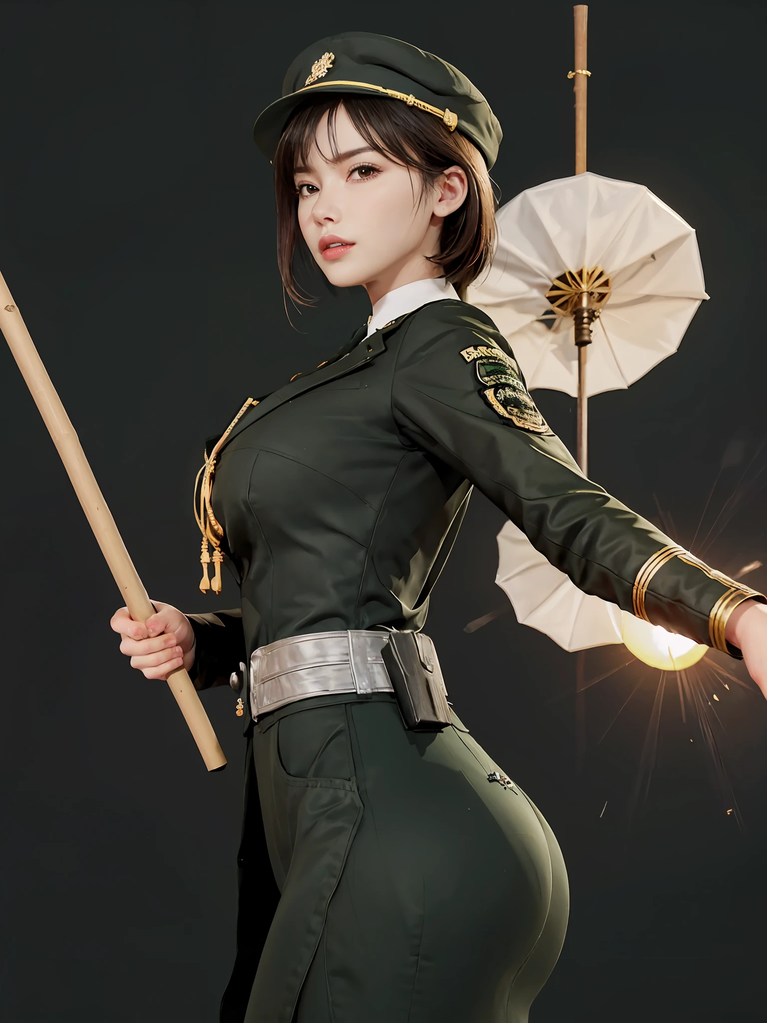 Very detailed CG unity 8K wallpaper，（tmasterpiece），（best qualtiy），（ultra - detailed），（Ultra photo realsisim），（best character detail：1.36），Nikon D750 f / 1.4 55mm，profesional lighting， physically-based renderingt, 1girll, army suit，Green military uniform，Fabric texture military uniform，Pure white lining，Dark green tie，bucket-hat，Black hair，the golden ratio,[:(com rosto detalhado:1.2):0.2]:,PureErosFace_V1, broad shoulder,(Bigchest:1.5),(big assa:1.5)，(stick out buttocks:1.5)，Soaked with sweat，red flags，Splendid scenery，bright sun，Flag of China，A bright smile，White teeth，lighting，Contre-Jour，