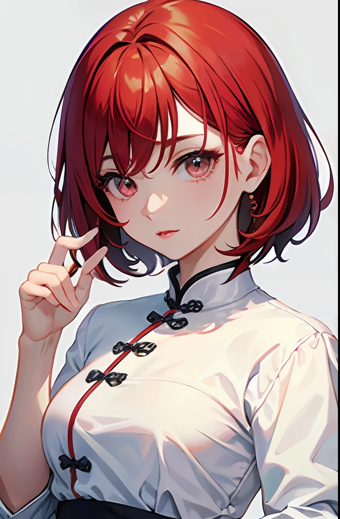 Gentle and attractive beautiful Chinese woman、half body photo、redhair、bob、troubled face、Ahoge、put one's hand in the tiller、charming oval face、二重まぶた、Bright peach blossom eyes、Pink lips、a small nose、Focused face、facial close-up、Ultra-high-resolutiondefinition、super detailing、Elegant standing position、white  shirt、Korean Style Puff Sleeve Square Color Slim Short Shirt、Match with a high-waisted light-colored jeans suit