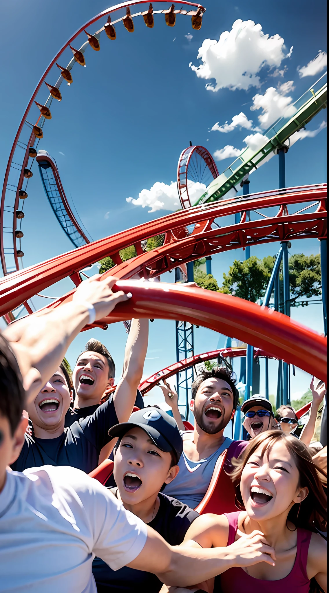 A dozen friends play roller coaster at a large amusement park