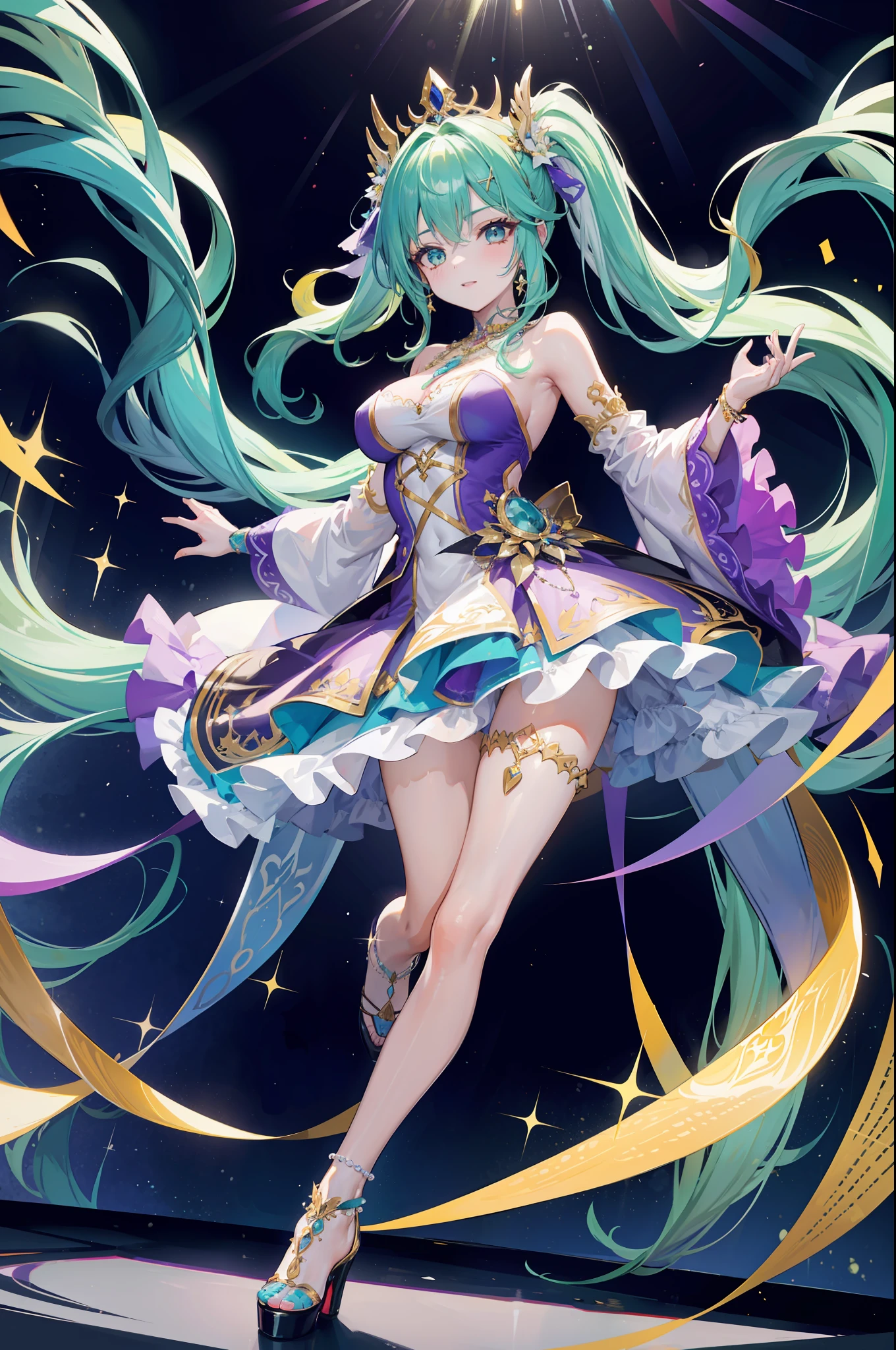 Una imagen de cuerpo completo. En una discoteca con muchas luces de colores, A beautiful young woman is dancing in a very cheerful and energetic way on a stage.. Ella lleva el pelo muy largo y ondulado, Ella lleva un vestido corto y ajustado de color verde claro, high heel shoes. She wears several very long rhinestone rhinestone necklaces of youthful design.