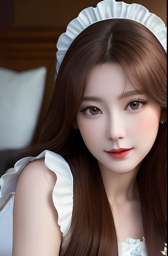 Very detailed eyes, very detailed face, very beautiful woman, best quality, super detailed (photorealistic), very delicate and beautiful legs, beautiful red eyes, absurdity, very detailed facial happy expression, professional illustration, shy, ff Mai Shiranui,super big breast,brown hair,long hair,maid