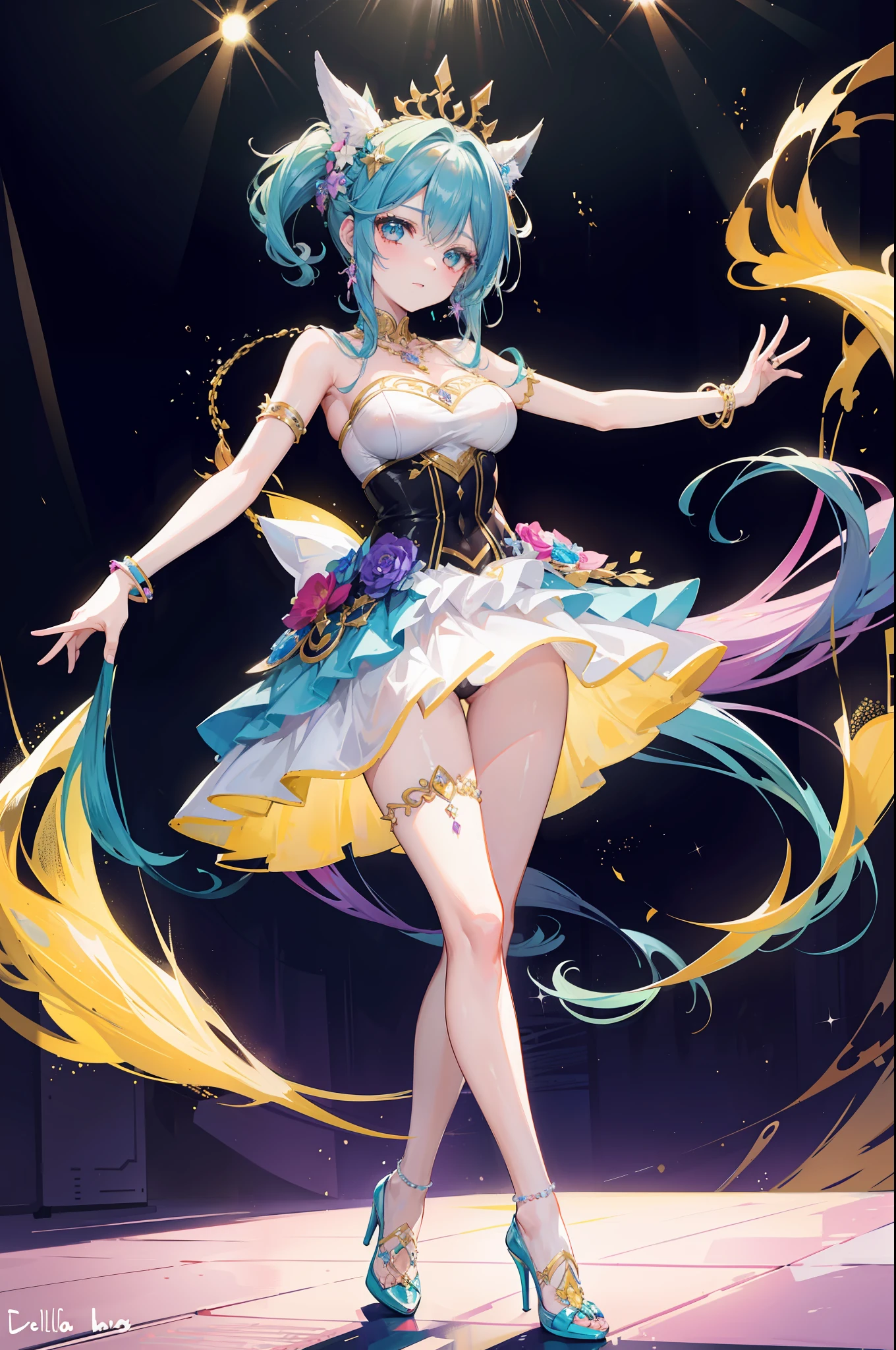 Una imagen de cuerpo completo. En una discoteca con muchas luces de colores, A beautiful young woman is dancing in a very cheerful and energetic way on a stage.. Ella lleva el pelo muy largo y ondulado, Ella lleva un vestido corto y ajustado de color verde claro, high heel shoes. She wears several very long rhinestone rhinestone necklaces of youthful design.