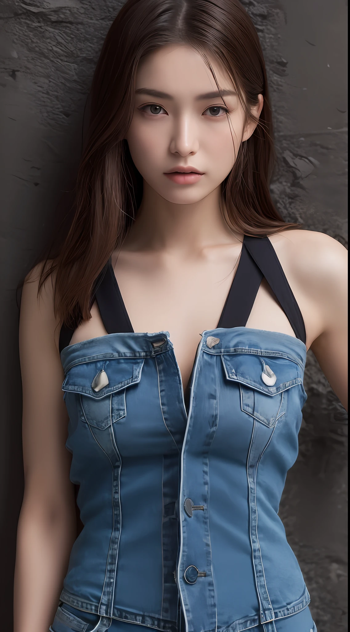 Rock Climbing、Climbing Wall、Climbing Harness、Climbing rope、Climbing Shoes、Northern Alps、Precipitous cliffs、(top-quality、8k、masterpiece:1.3))、full bodyesbian、long legged、、Beautiful woman with perfect body shape:1.4、Slender Abs:1.1、((dark brown hair、huge-breasted:1.2))、Tank tops、blue outfit、denim、Highly detailed facial and skin texture、A detailed eye、二重まぶた、