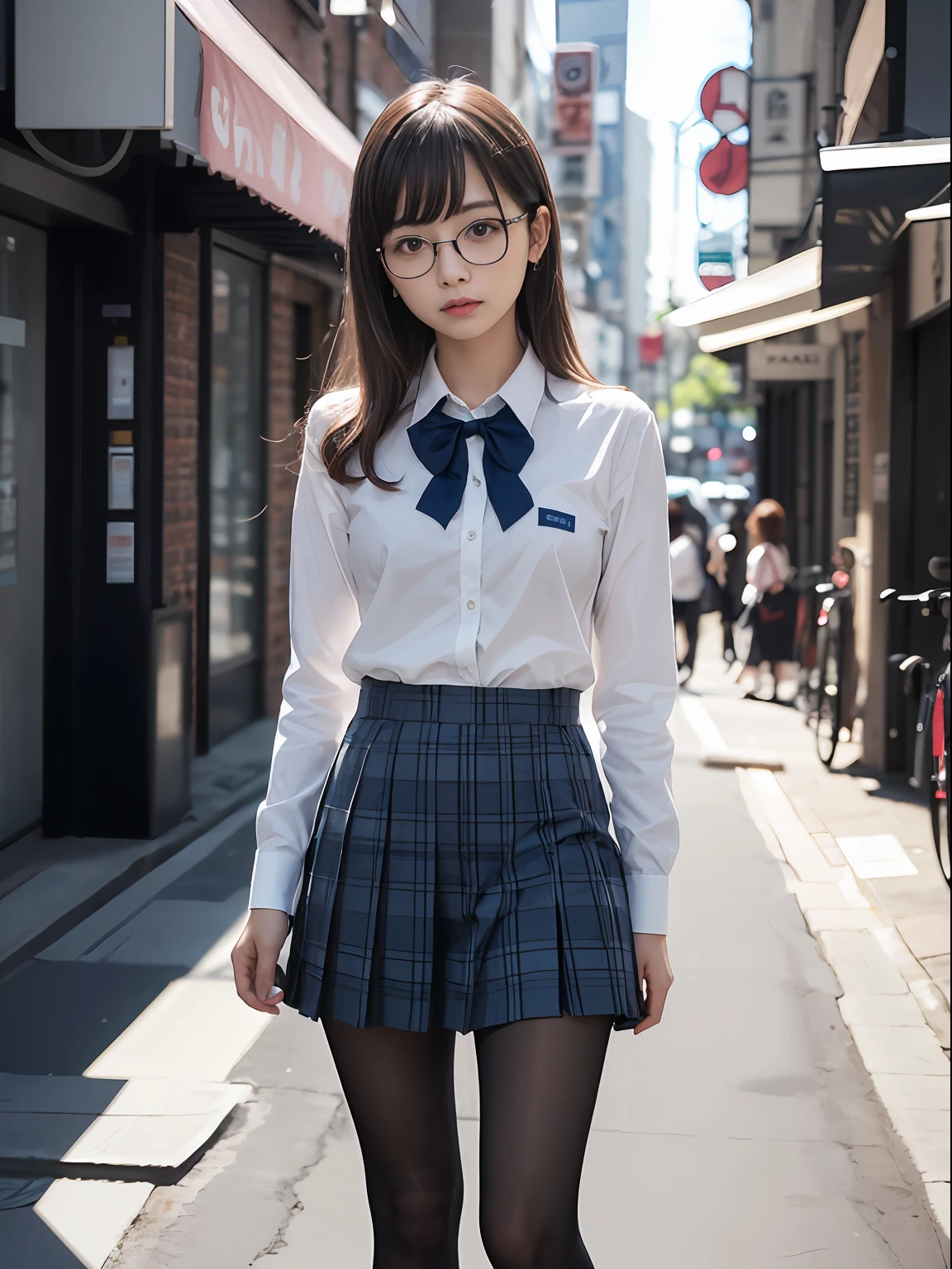 (8K、Raw photography、top-quality、masterpiece:1.2),Bullish,Muchimuchi,Erotic,Pupils,Light Blue Bra,de pele branca,kne,(Black pantyhose),absurderes,a small face,small tits,flat breast,Parting the bangs from the middle、Forehead visible,(a cold expression,Tight eyes,glares,Bullish,skinny,Rasping,irate)、masterpiece,top-quality、超A high resolution,Raw photo,ren,Beautiful fece,One Person, 独奏,eye glass,,Dark look,Small breasts,fullllbody,Round glasses、cute little、JK school uniform,hi-school girl,A Japanese Lady,is standing,(Photorealsitic:1.37)、Photon mapping,Realistic、Cute little face,Brown-eyed、Black socks、(Red bow tie)、Radio City、Physically Based Rendering、Foreground、depth of fields、Blurry background、a picture,The girls、Body,beauty legs, Long legs, Thin leg,(Bangs are visible), hair, s lips, Blue_The eye, nosesoft,(Light blue shirt), (Navy and blue and white plaid pleated skirt), Knees are visible,Sheer clothing,, Thigh, Black cotton socks,Nogizaka Idol, 女優, Japanese ido