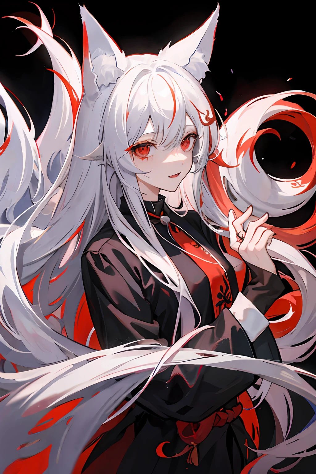 1 guy with long white hair, red eyes, 9 tails of fox ears