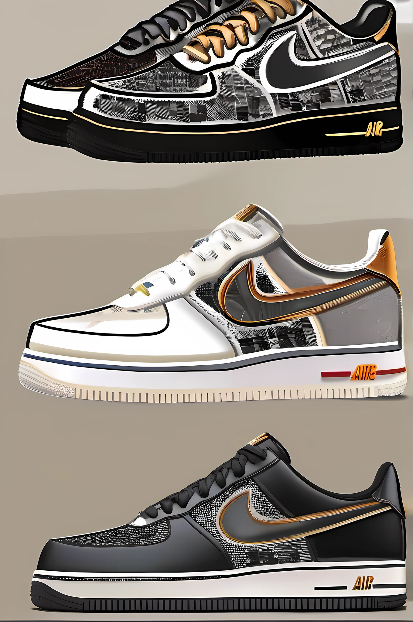 Nike Air Force One low-gang,white colors,NIKE air force1 low,Low preservation and chromaticity,Black and white,Black gray,Black-brown,Product display diagram,DIY,Popular in 2023,Creative laces,SMD process,collage,Multi-material fusion of parts,hyperdetailed illustration,Pop elements,Color scheme,Detail illustration,Luxury elements,White background image,INS wind,stylised