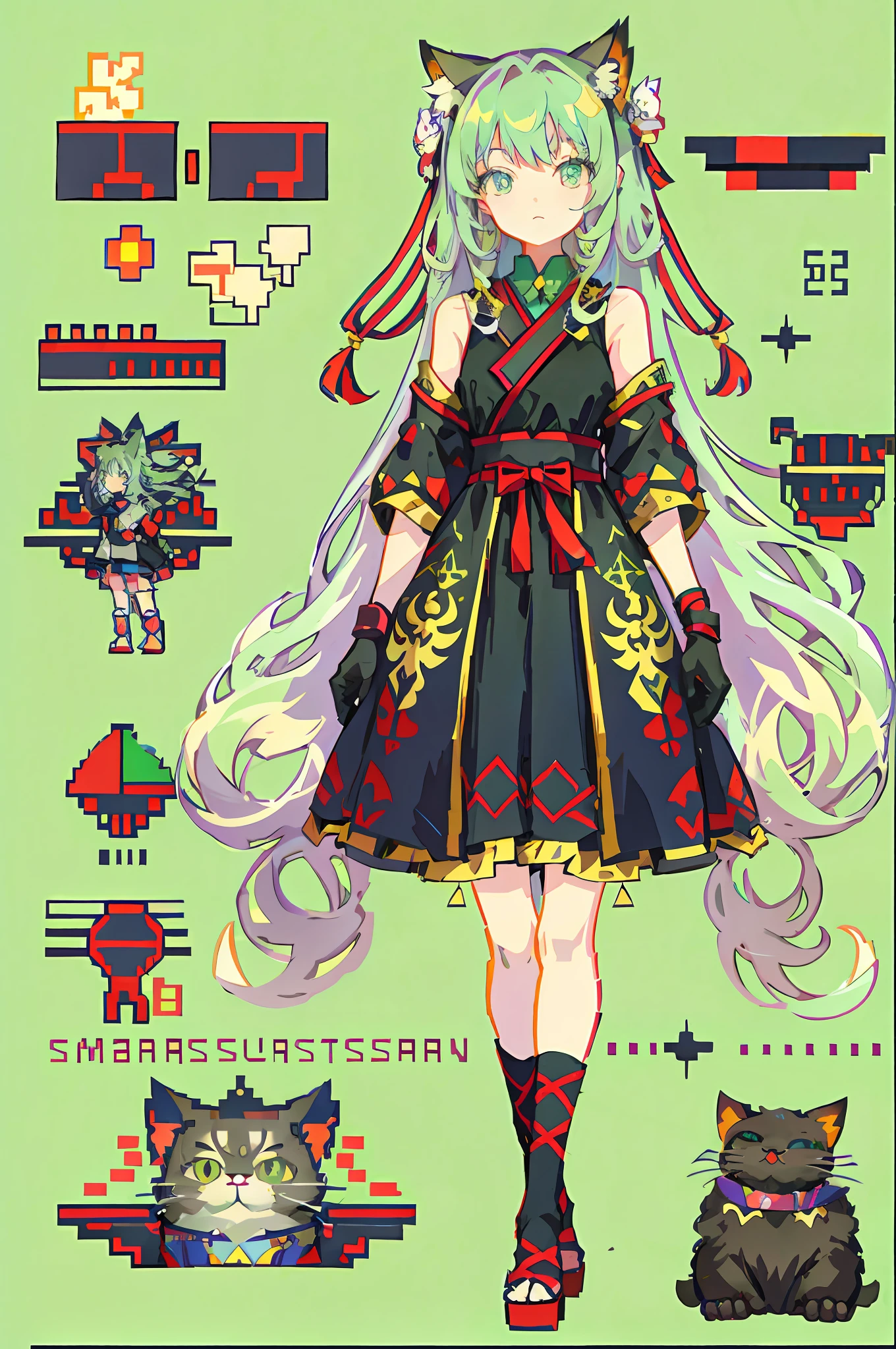 Anime girl with long hair and cat in front of green background, symetry!! concept-art, 《Ghost Wind Special Assault Team》The art of pixels, #pixelart:3, clothing design, An anime cover, anime vibes, lovely art style, Flat anime style, full body adoptable, 2022 anime style, 2 0 2 2 anime style, Colorful! Character design