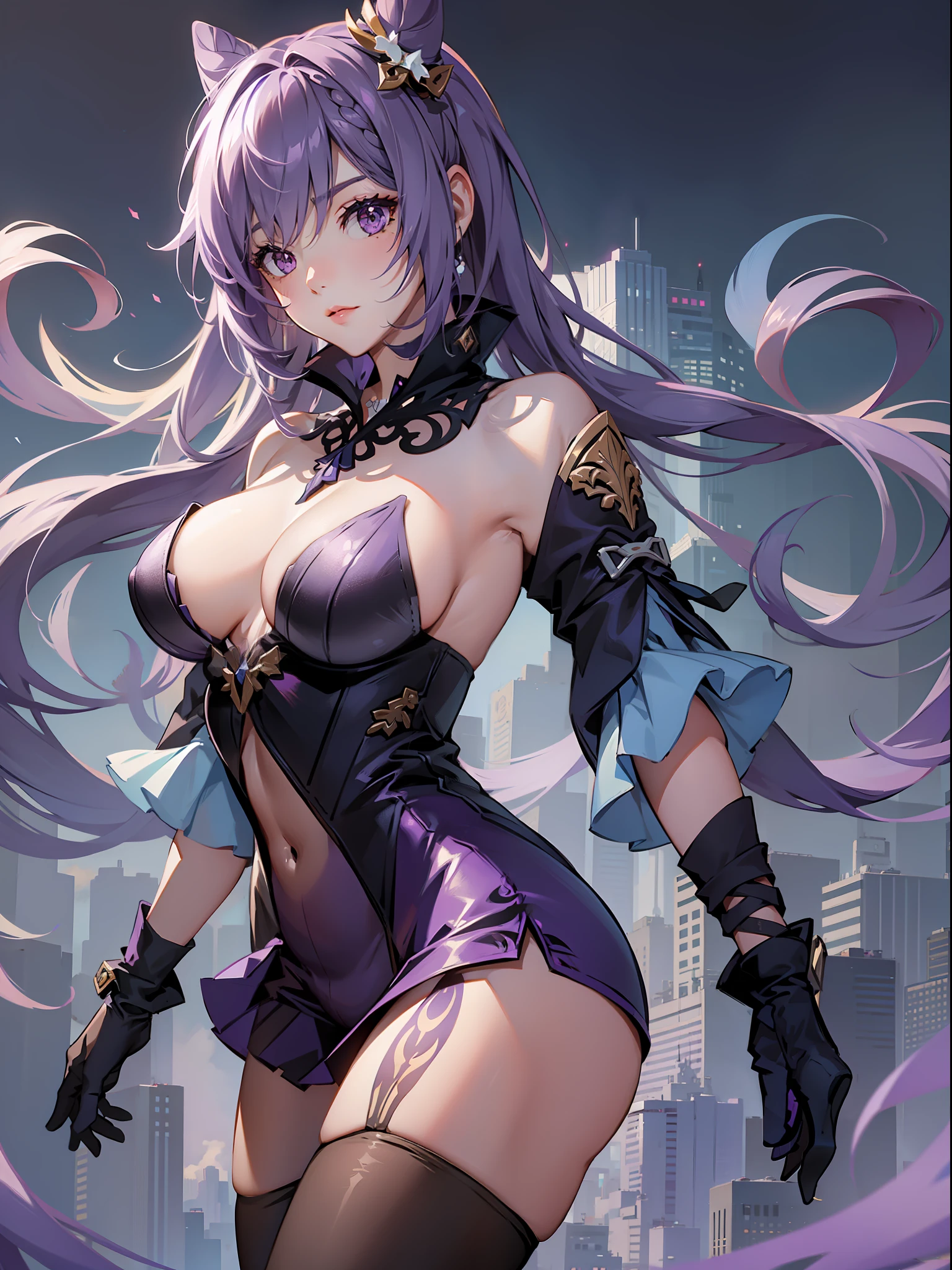 Gorgeous Hair in Long Purple,Sexy tights,Purple gloves,black pantyhoses,boot,full bodyesbian,tmasterpiece