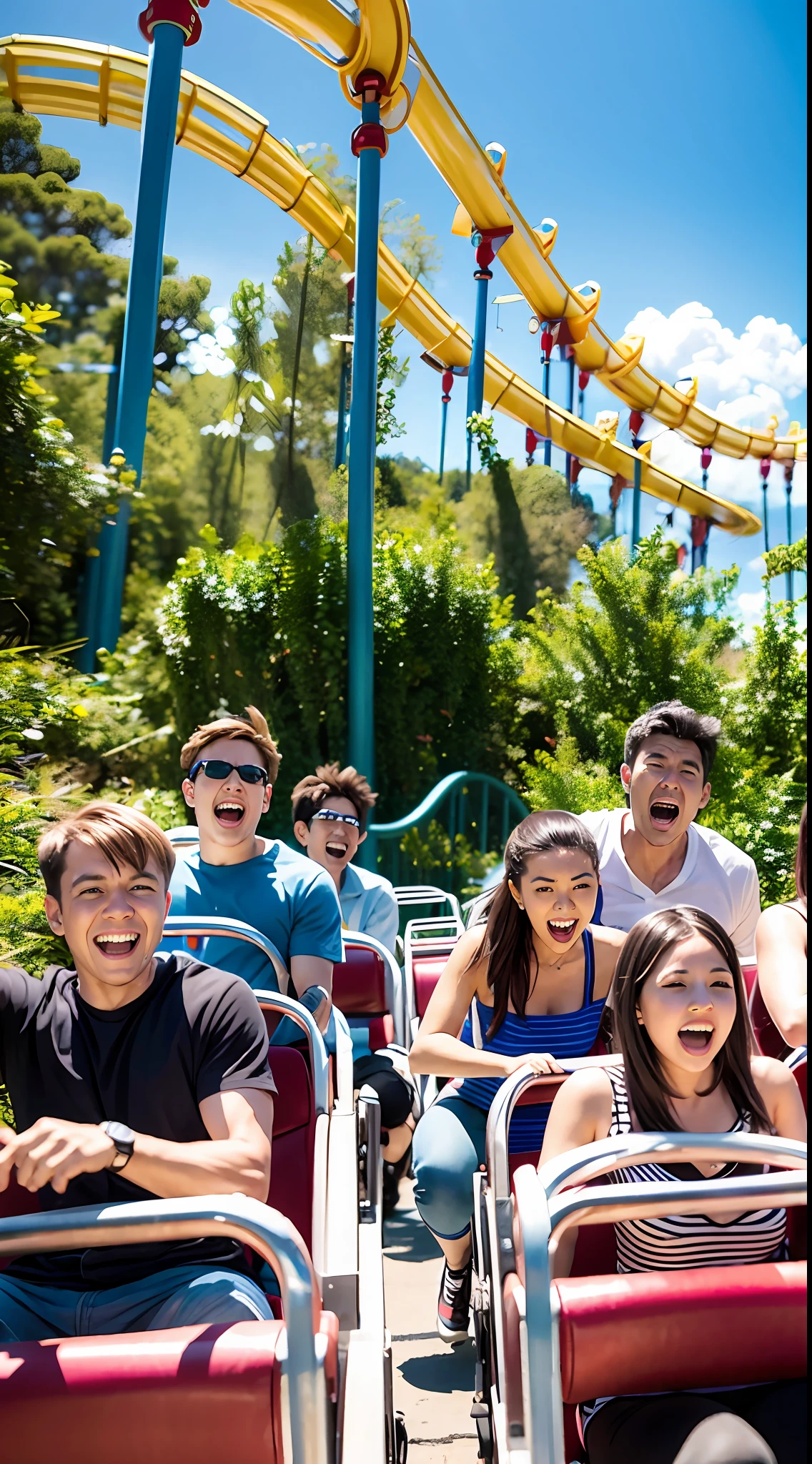 A dozen friends play roller coaster at a large amusement park