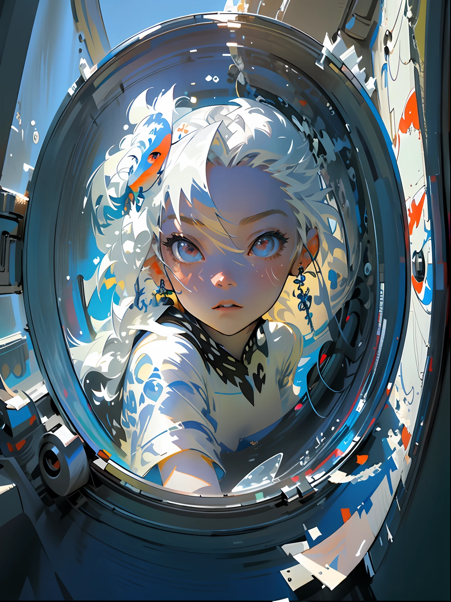 [(Transparent background:1.5)::5],(((masterpiece))),(((best quality))),(((extremely detailed))),illustration, 1girl,solo,mysterious,vivid color,shiny, underwater transparent sealed hemispherical glass dome, white hair,red eyes, full body,barefoot,long hair tranquil nature, koi,Underwater, Dome,close up,Dynamic actions,Lens perspective,(((Box composition))),sit cross-legged and lean against the bookshel,(arm + hand + 1thumb + 4finger),(Impressionism:1.4)