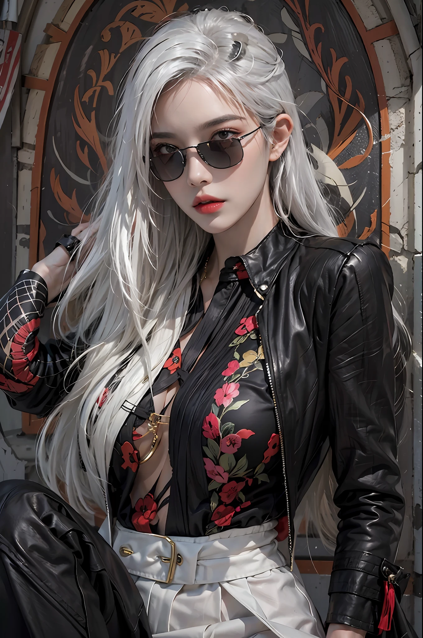 photorealistic, high resolution, 1women, solo, hips up, look at viewer, (detailed face), white hair, long hair, black suit, mafia, sunglasses, tattoo, jewelry