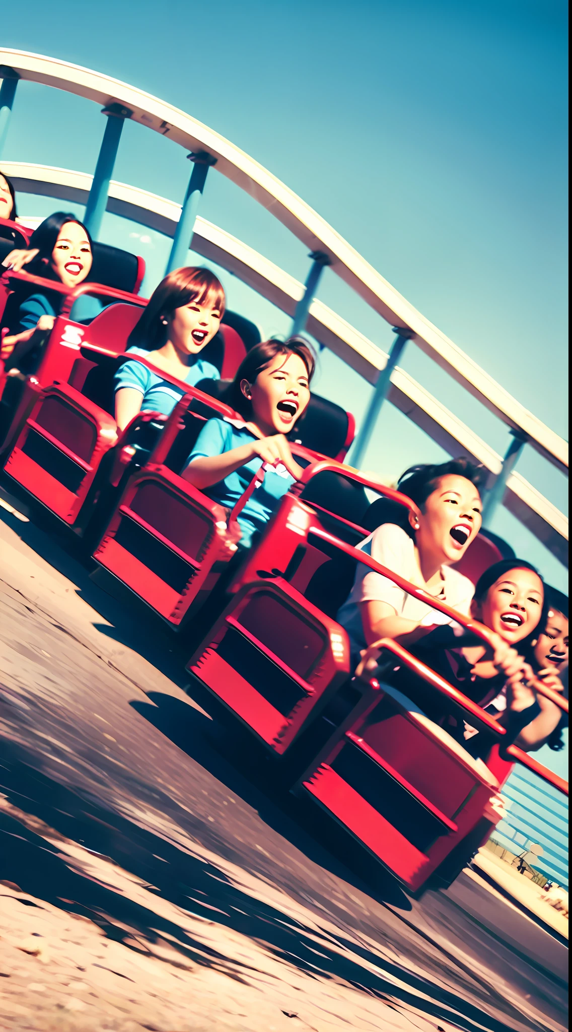 A dozen friends play roller coaster at a large amusement park