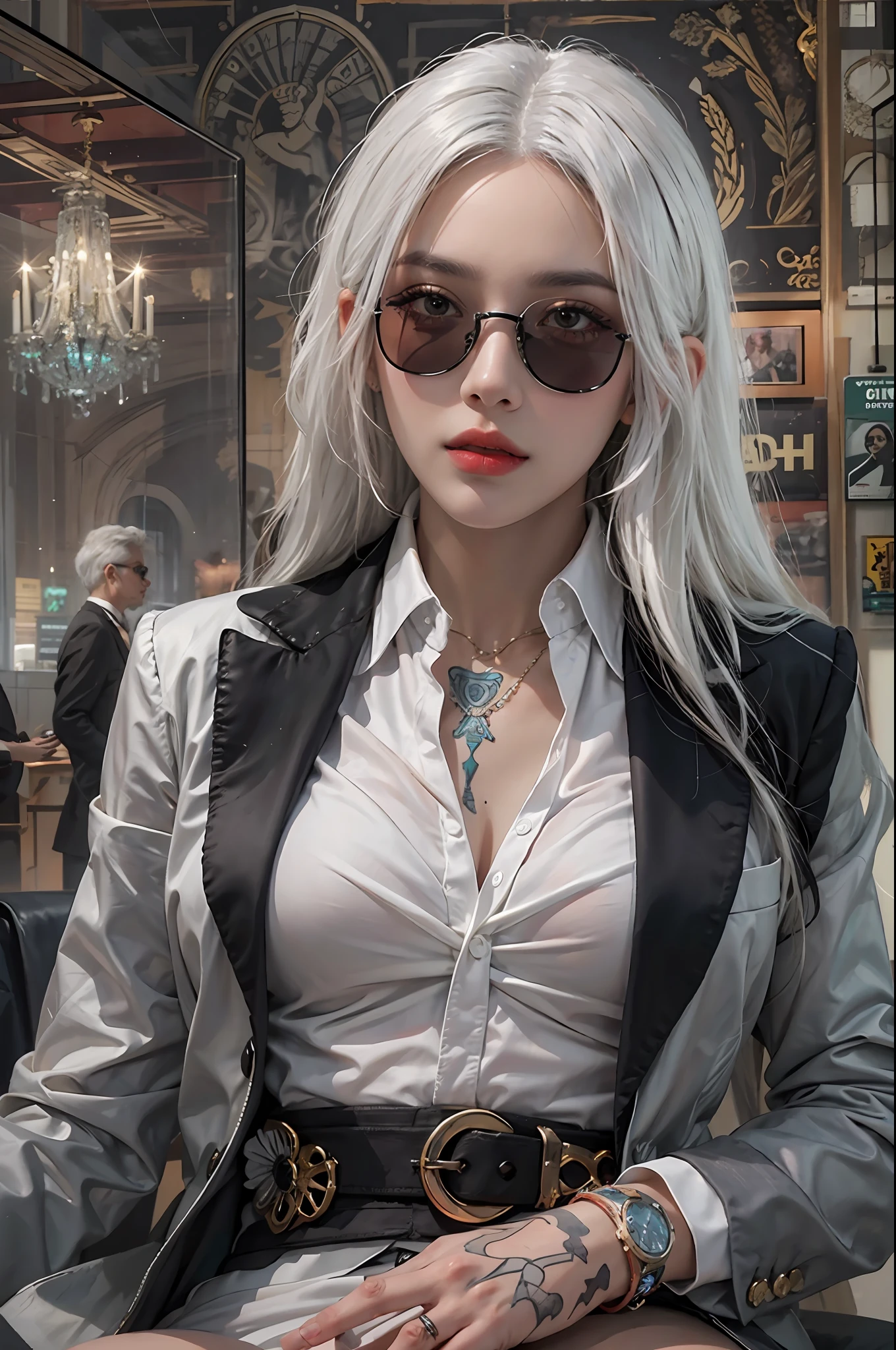 photorealistic, high resolution, 1women, solo, hips up, look at viewer, (detailed face), white hair, long hair, black suit, mafia, sunglasses, tattoo, jewelry