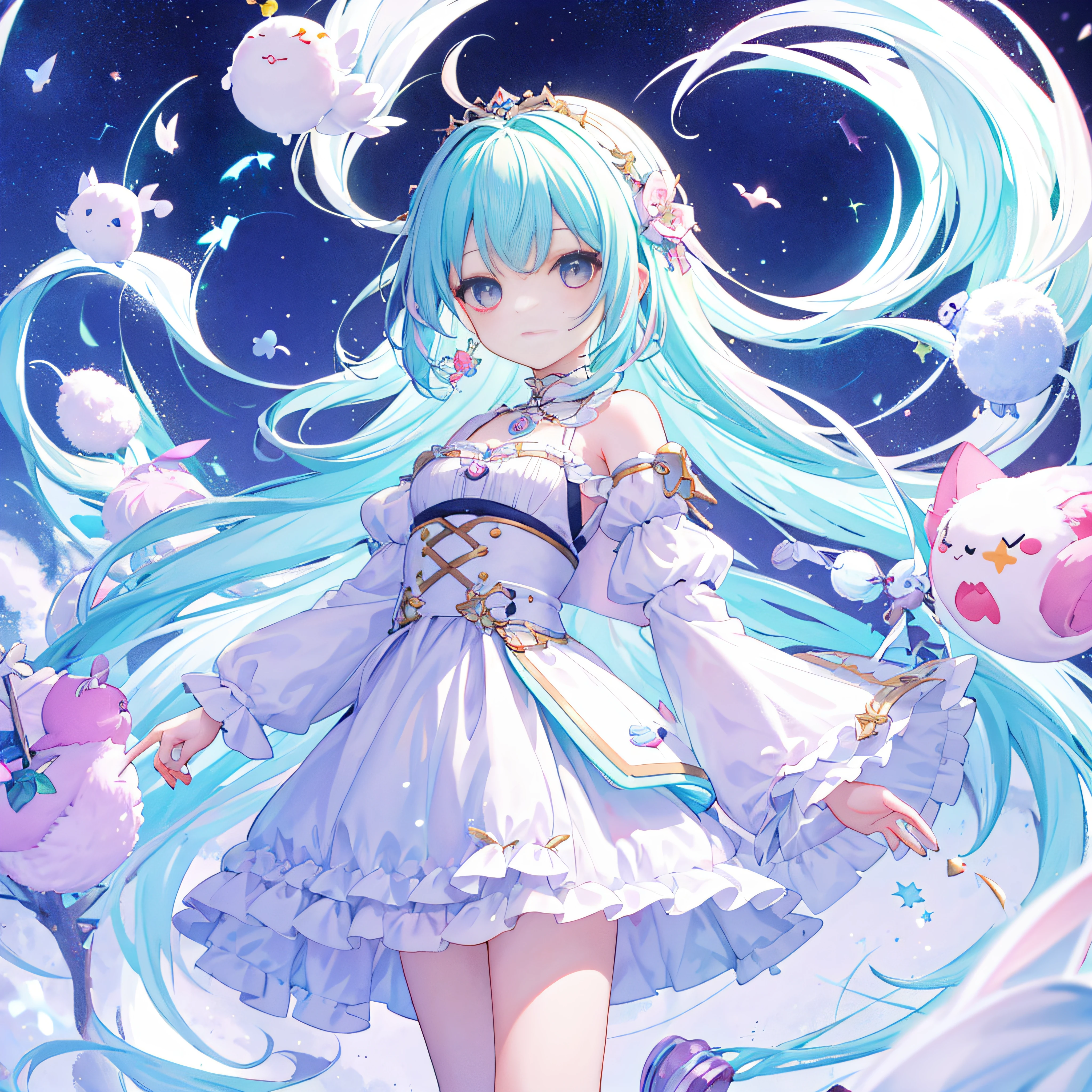 （（a sticker：1.5）））， （（Chibi Character））， （white backgrounid）， fluffly， girl with， Sorcerer's costume，  full body Esbian， Pastel Hair， Pastel colors hair， fairytale，  T-shirt design， tmasterpiece， best qualtiy，Shining eyes