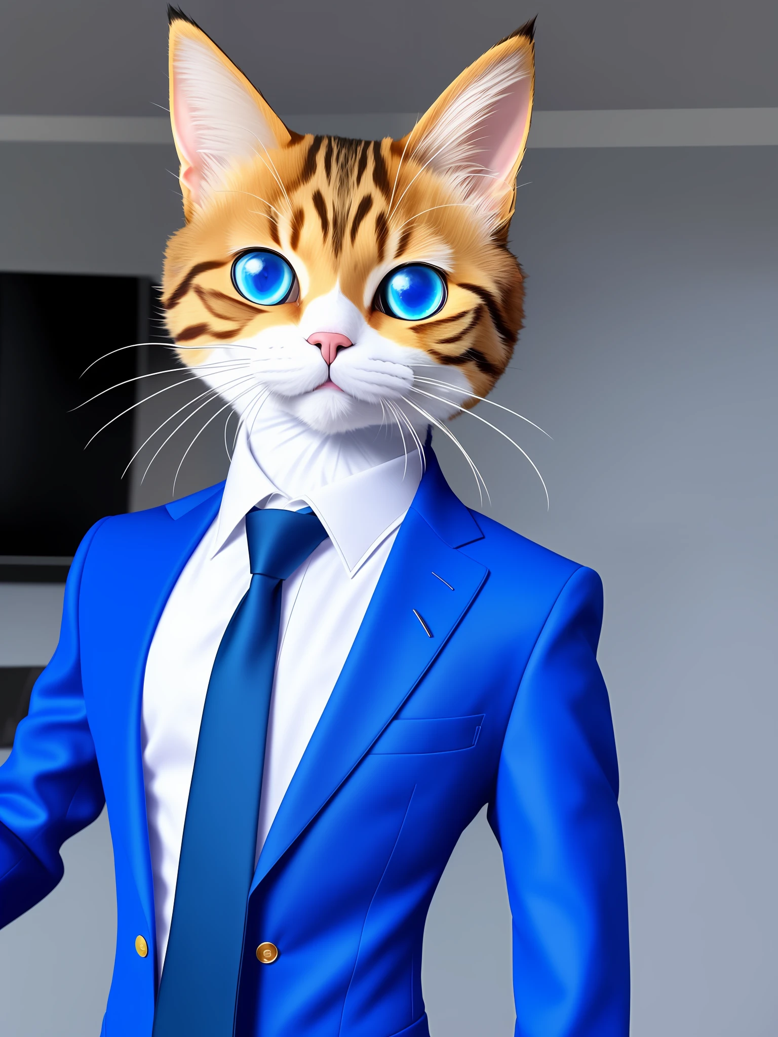 The puppet cat with blue eyes wears a suit with a tie and upper body