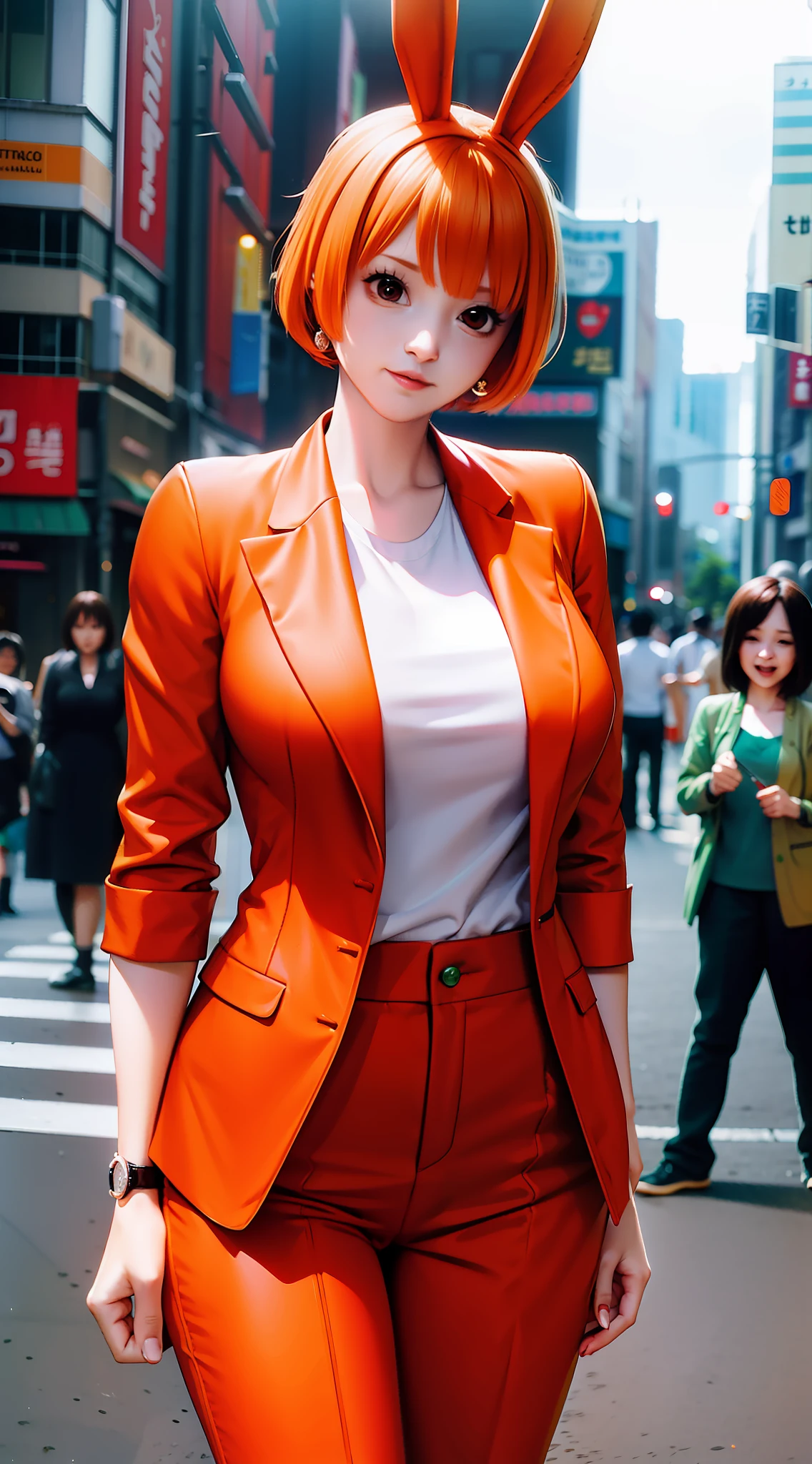 carrot from anime one piece, short hair, bangs, orange hair, beautiful, beautiful woman, wears earrings, wears a watch on her left hand, perfect body, stands, wears a formal orange shirt, wears a green jacket, green pants, wears formal clothes , looking at the audience, smiling, in tokyo city, on the roadside, in a public place, has bunny ears