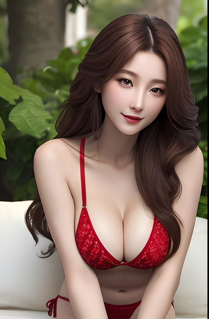 Very detailed eyes, very detailed face, very beautiful woman, best quality, super detailed (photorealistic), very delicate and beautiful legs, beautiful red eyes, absurdity, very detailed facial happy expression, professional illustration, shy, ff Mai Shiranui,big breast,brown hair,long hair,bikini