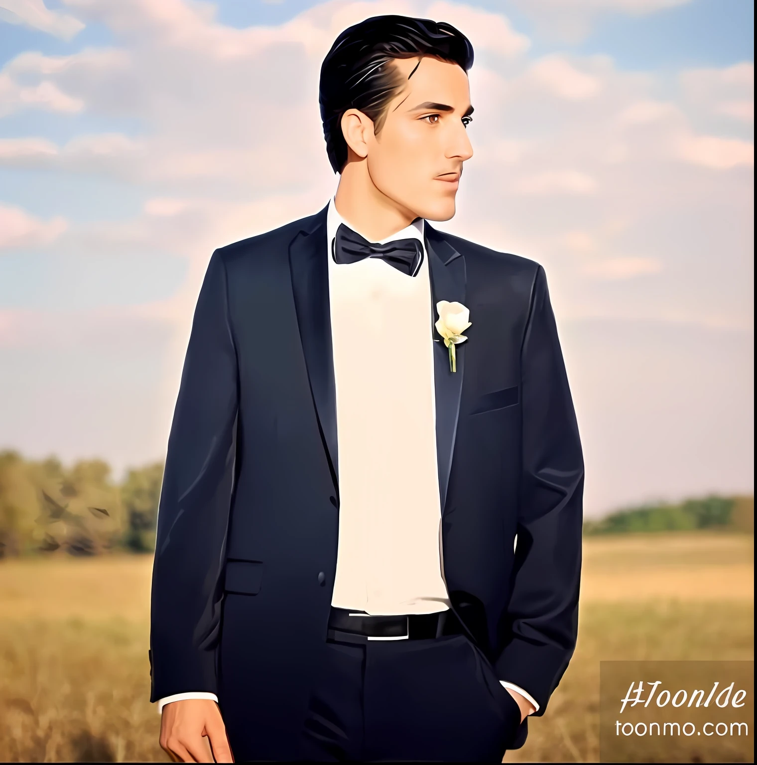 there is a man in a tuxedo and bow tie standing in a field, handsome and elegant, groom, digital art of an elegant, handsome man, handsome stunning realistic, handsome, inspired by Oton Iveković, stylized portrait formal pose, handsome and attractive, wearing a tuxedo, handsome male, profile shot, wearing tuxedo, portait photo profile picture