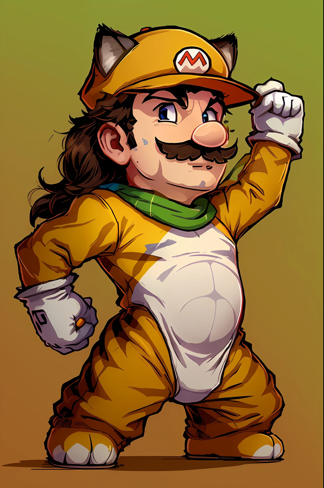 super mario usando roupa de tigre, vetor pro, cores quentes, etiqueta, sticker, listras