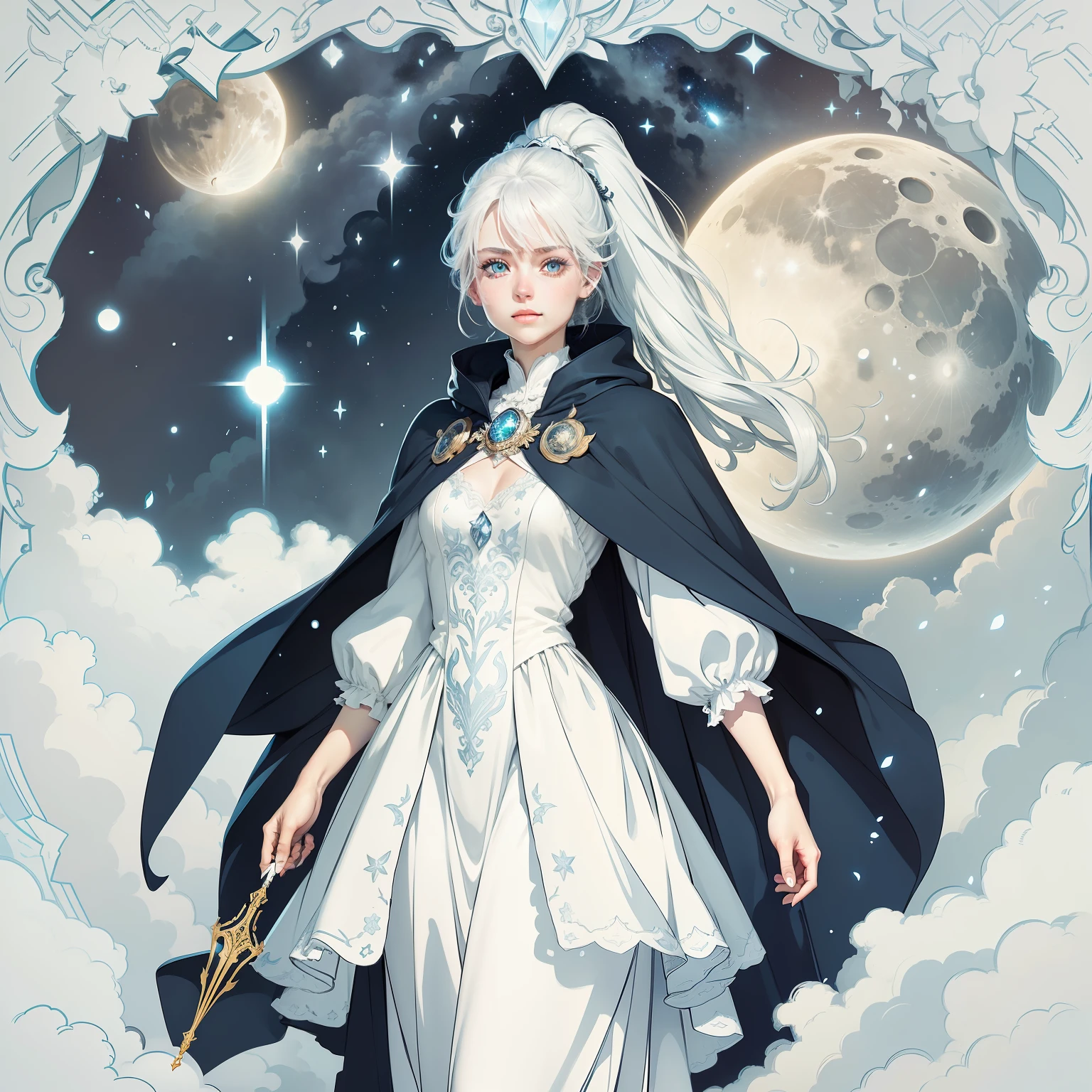 Masterpiece, (Best Quality: 1.2), (Super Fine: 1.2), Illustration, (Extremely Delicate and Beautiful: 1.2), Film Angle, Floating, (Beautiful Detail Eye: 1.1), (Detail Light: 1.1), Film Lights, Delicate Sky, Woman, White Hair, Blue Eyes, (High Ponytail: 1.1), Cloak, Glowing Eyes, (Moon: 1.2), (Moonlight: 1.1), Starry Sky, (Light Particles: 1.1), Fog , snow painting, sketching, blooming