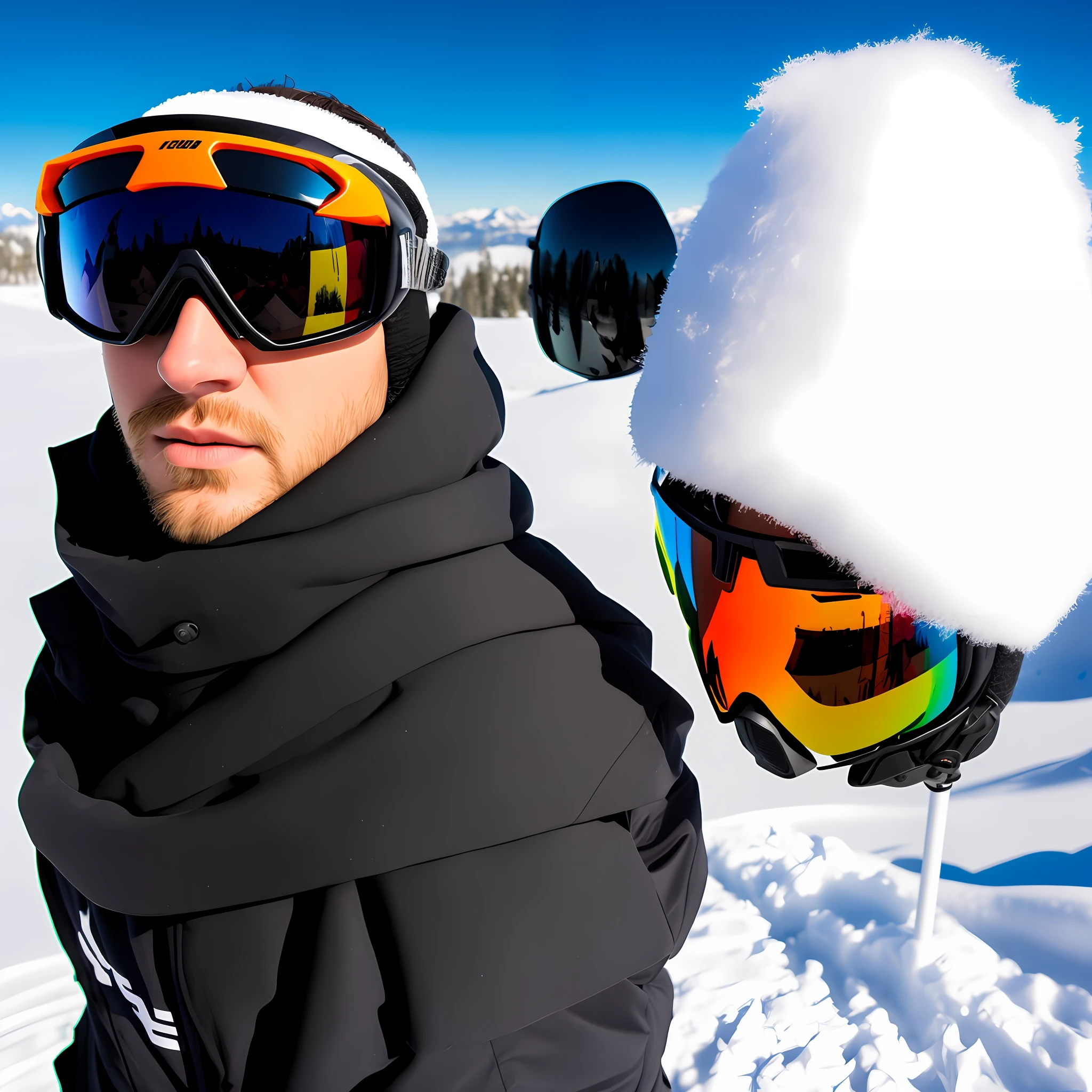 1 man（（Close-up of the head，Serious）），tmasterpiece，Best quality at best，ultra - detailed，独奏，Ski wear、Ski helmet、Orange ski goggles、Snowy plains、Holding skis、smog、shadowing、to contrast、cloudless sky、Simulating the wind（skin textures）（filmgrain：1.3） ,（cold shades，cold shades）
