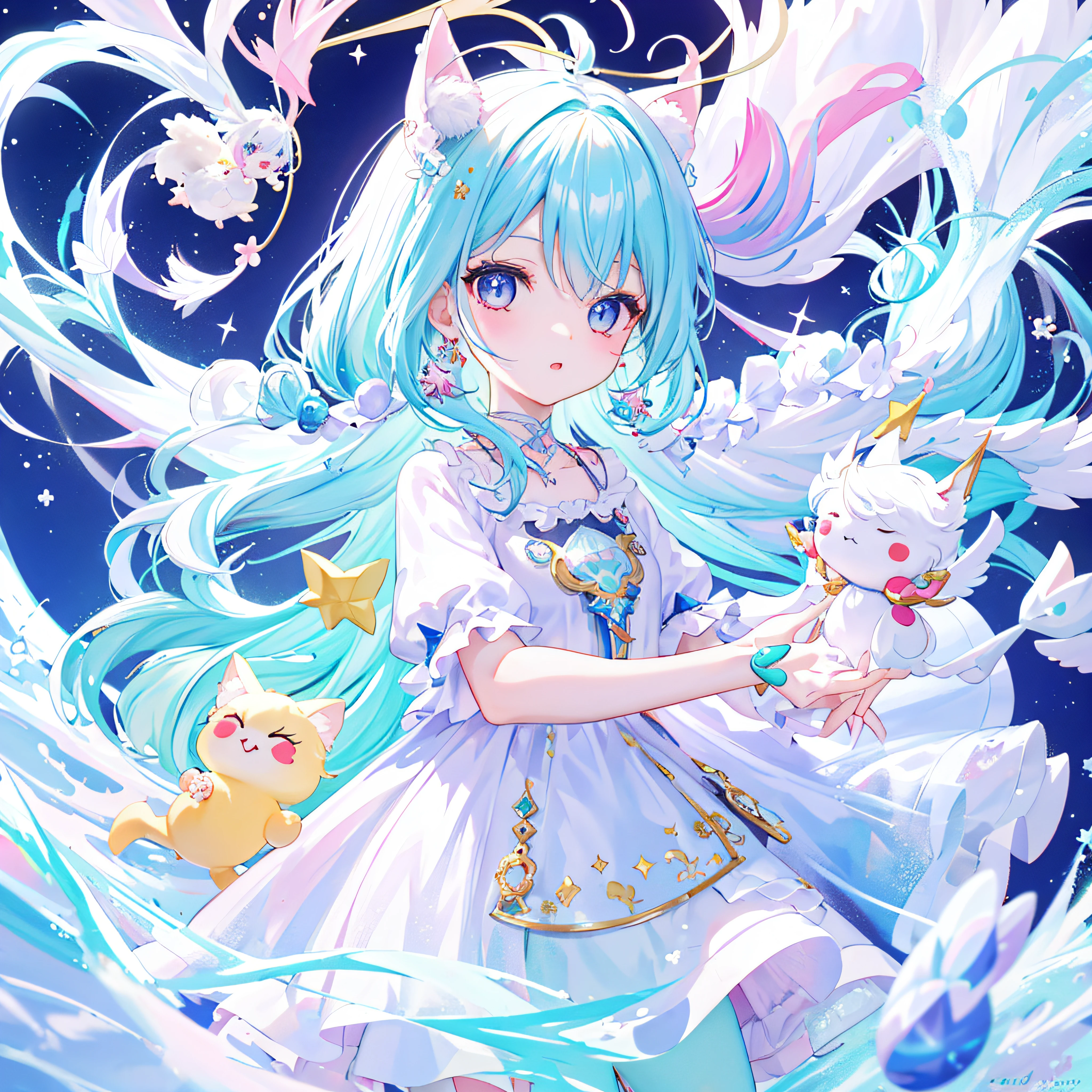 （（a sticker：1.5）））， （（Chibi Character））， （white backgrounid）， fluffly， girl with， Sorcerer's costume，  full body Esbian， Pastel Hair， Pastel colors hair， fairytale，  T-shirt design， tmasterpiece， best qualtiy，Shining eyes