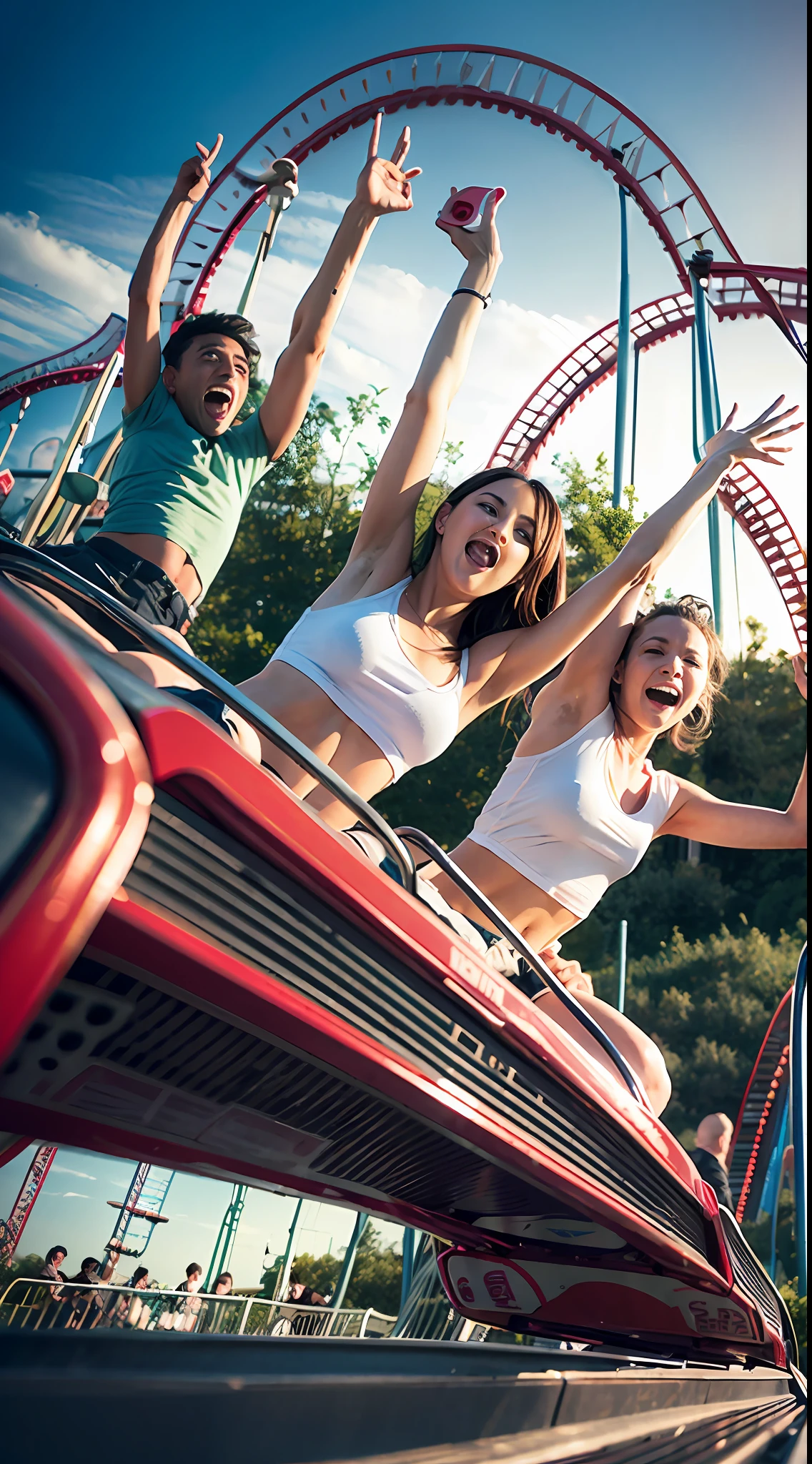 A dozen friends play roller coaster at a large amusement park