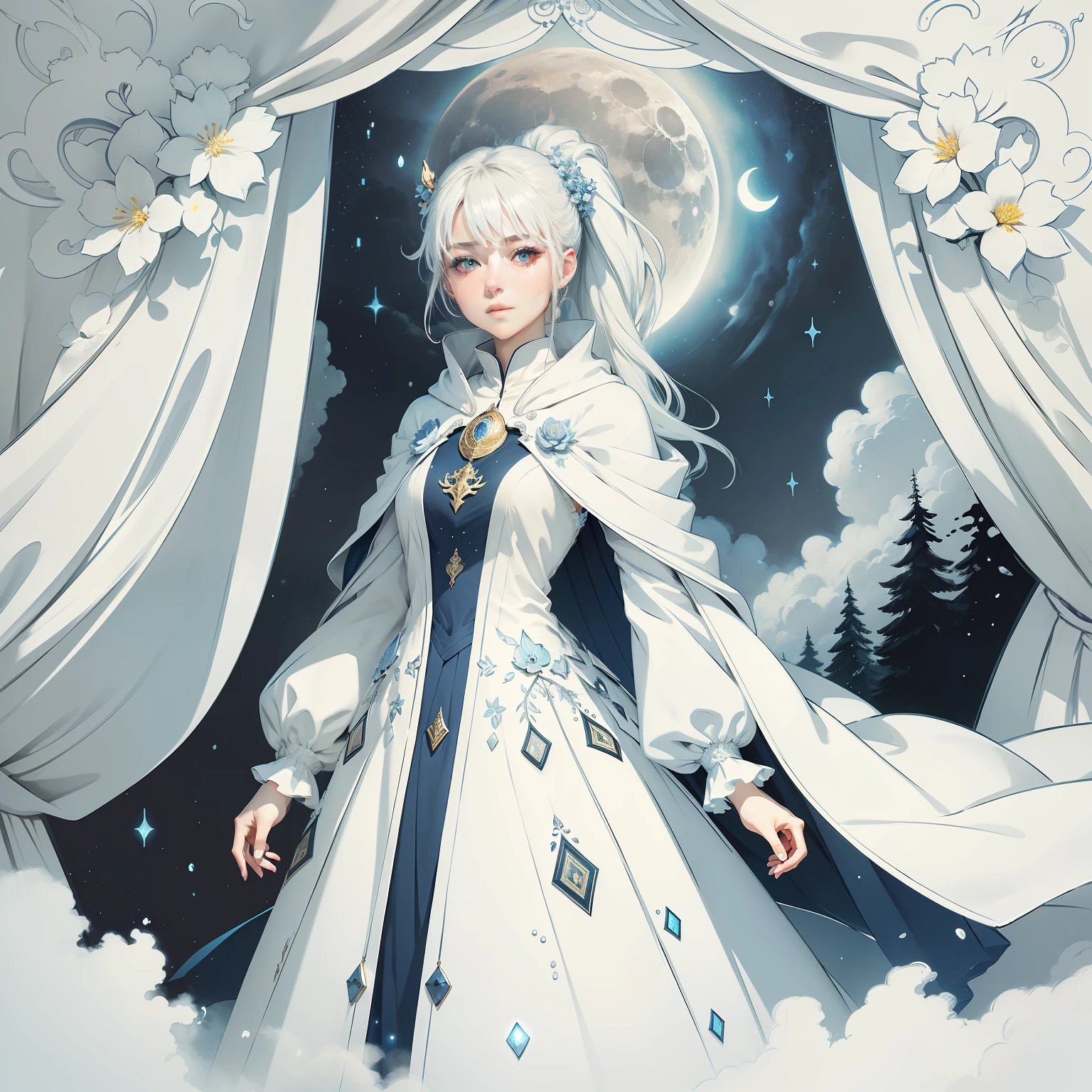 Masterpiece, (Best Quality: 1.2), (Super Fine: 1.2), Illustration, (Extremely Delicate and Beautiful: 1.2), Film Angle, Floating, (Beautiful Detail Eye: 1.1), (Detail Light: 1.1), Film Lights, Delicate Sky, Woman, White Hair, Blue Eyes, (High Ponytail: 1.1), Cloak, Glowing Eyes, (Moon: 1.2), (Moonlight: 1.1), Starry Sky, (Light Particles: 1.1), Fog , snow painting, sketching, blooming